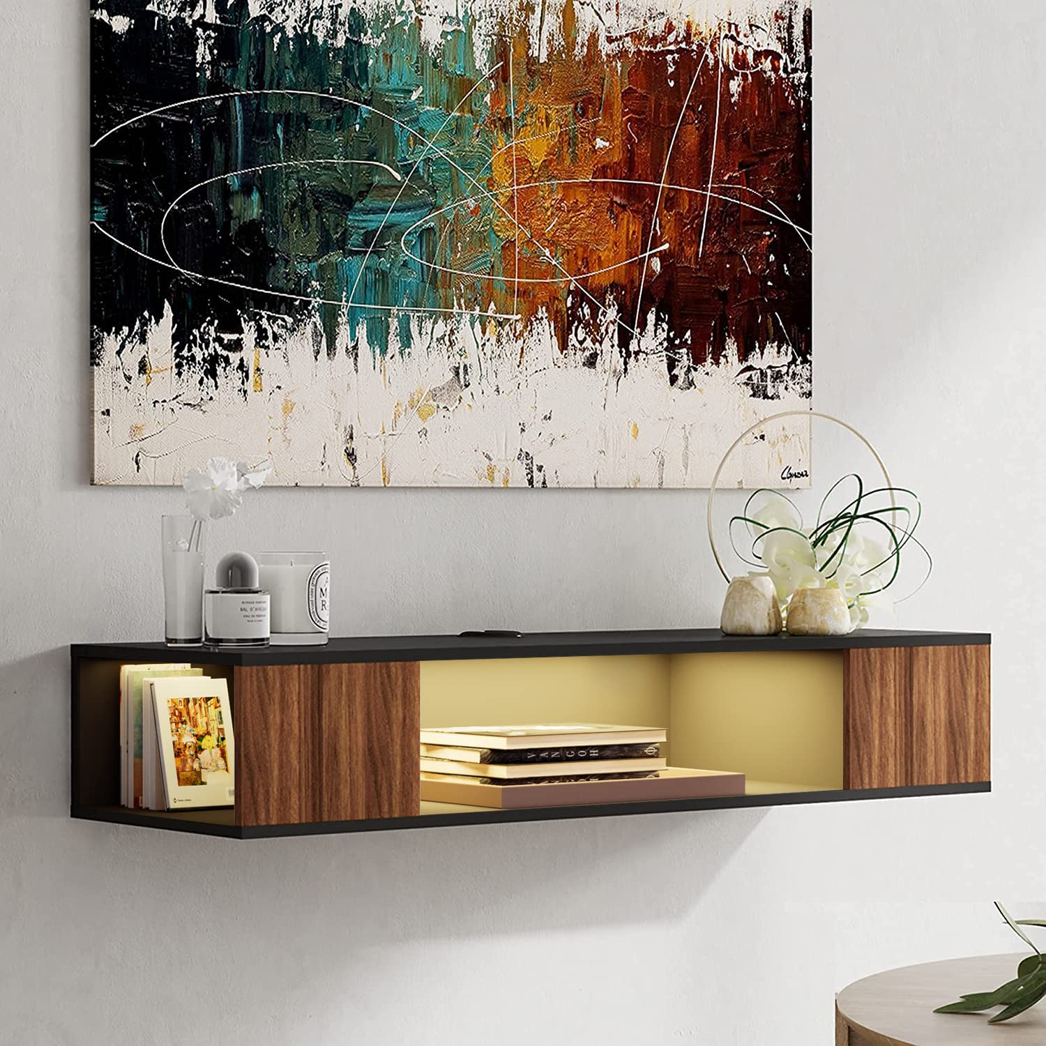 Floating TV Stand with LED Lights - Wall Mounted Entertainment Center, Wood Media Console & Storage Cabinet for Under TV (White & Oak) - Perfect for Living Room, Bedroom & Home Theater Setup