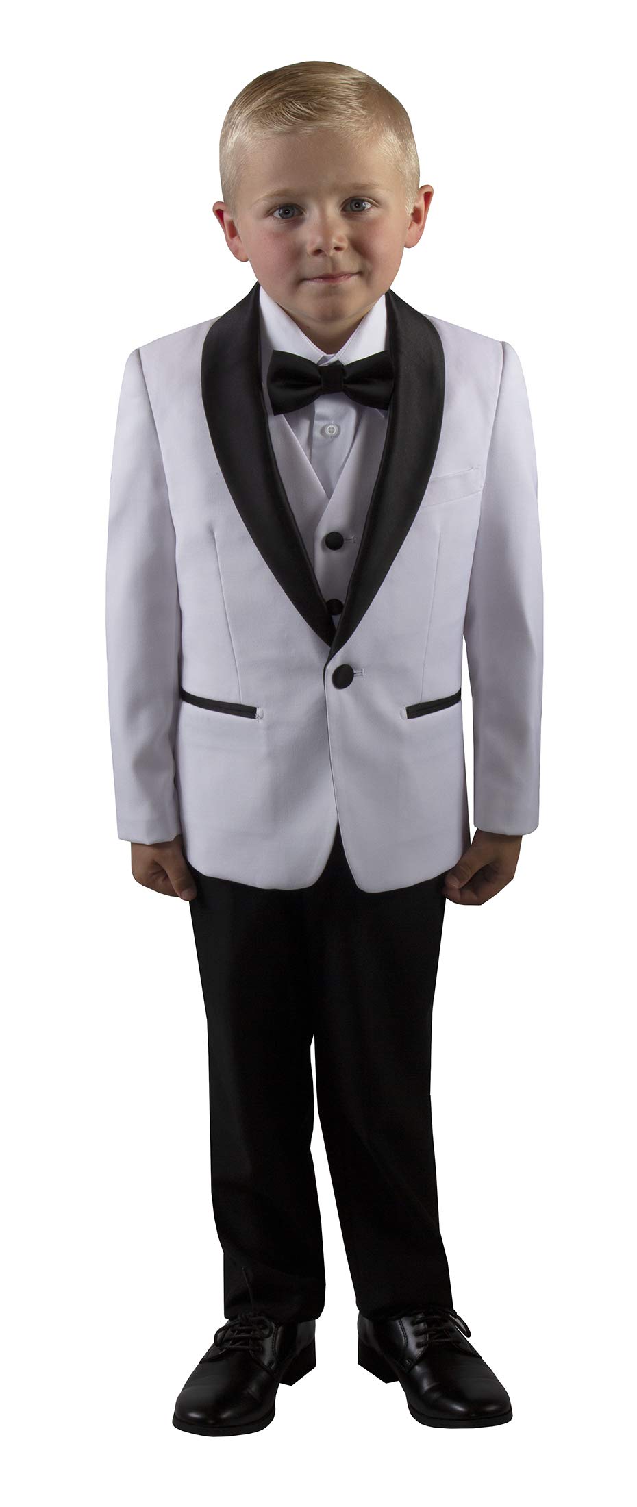 Tuxgear Boys Slim Fit White & Black Shawl Collar Dinner Jacket 5-Piece Suit Set with Bow Tie | Formal Wear for Weddings, Prom, Parties & Special Occasions