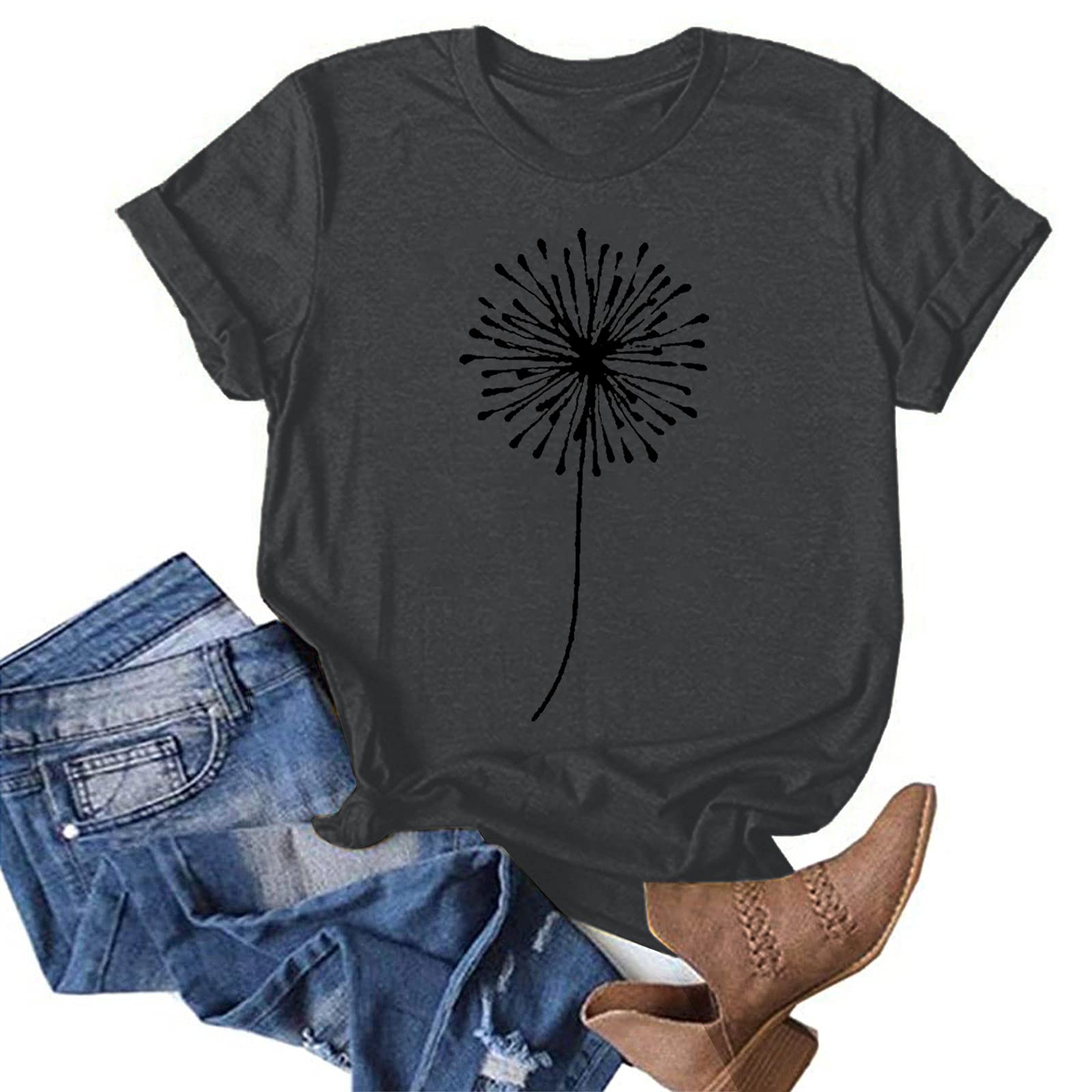 Women's Dandelion Printed Graphic T-Shirts - Funny Summer Tops & Tunics for Casual Wear, Outings, and Beach Vacations