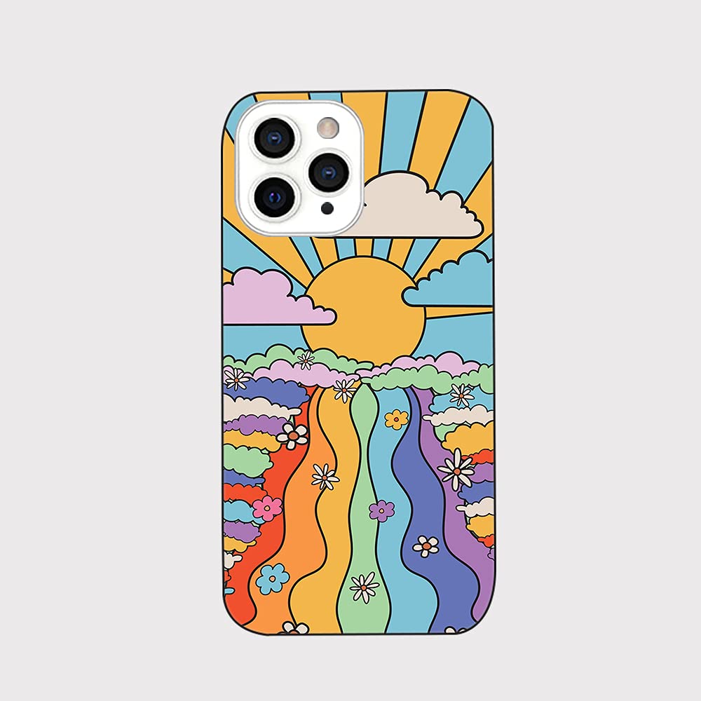 Blingy's iPhone 13 Pro Max Case (6.7 inch) - Retro Rainbow Psychedelic TPU Protective Cover with Scenic Landscape Design | Perfect for Music Festivals & Boho Lifestyle