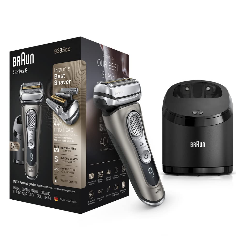 Braun Series 9 9385cc Men's Electric Shaver - Latest Generation Rechargeable Cordless Razor with Clean&Charge Station & Leather Travel Case - Perfect for Home Use, Travel, and Daily Grooming