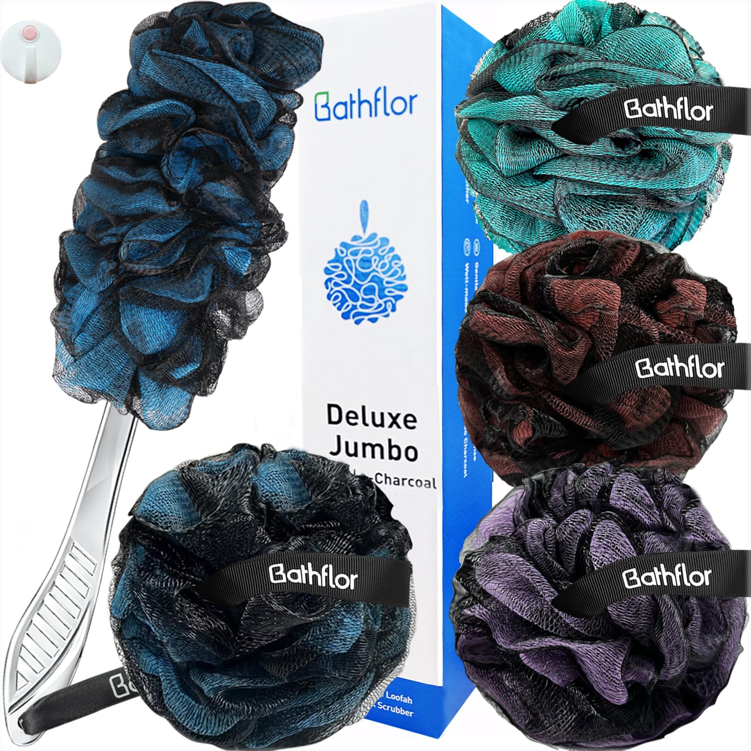 Charcoal Exfoliating Loofah Sponge for Women & Men - 80g Soft Luffa Poufs with Long Handle Back Brush (4 Pack + Hook) - Deep Cleansing Body Scrubber for Shower, Bath & Spa - Ideal for Exfoliation, Dead Skin Removal & Relaxation