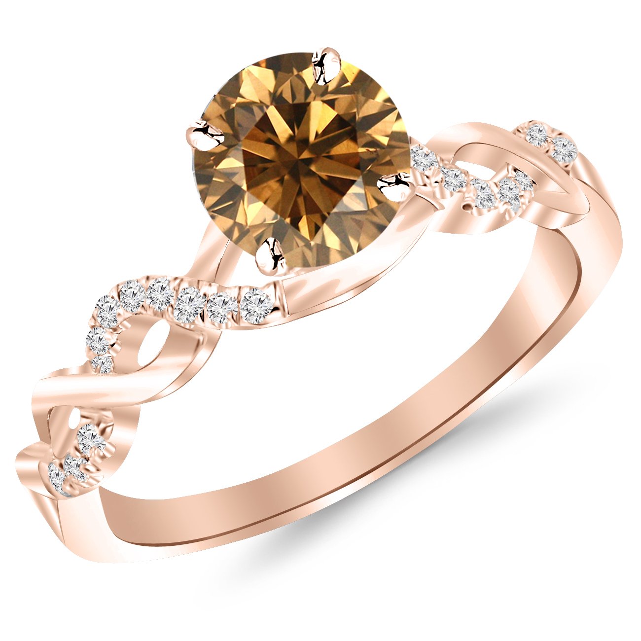 0.88 Carat 14K White Gold Infinity Twist Diamond Engagement Ring with 0.75 Carat Natural Champagne Center Stone - Vintage Heirloom Quality Jewelry for Proposals, Anniversaries & Special Occasions