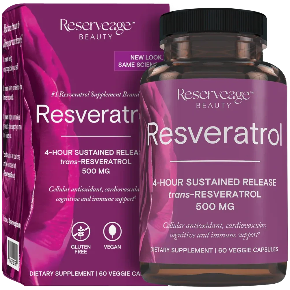 Reserveage Beauty Resveratrol 500mg - 4 Hour Sustained Release Anti-Aging Supplement for Skin & Hair - Supports Collagen Production & Cellular Health - Perfect for Daily Wellness Routine & Anti-Wrinkle Care