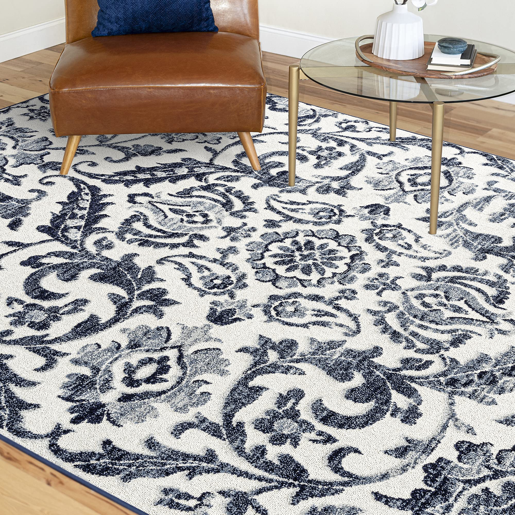 Murrin Navy Large 8x10 Area Rug - Soft Transitional Floral Design for Living Room, Dining Room, Bedroom & Entryway - Perfect for Home Decor, Indoor Spaces & Large Rooms
