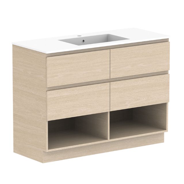 ADP Glacier Lite Shelf Twin Floor Standing Vanity with Cast Marble Top - Modern Bathroom Vanity Set with Dual Sinks & Storage for Master Bath, Guest Bathroom or Powder Room