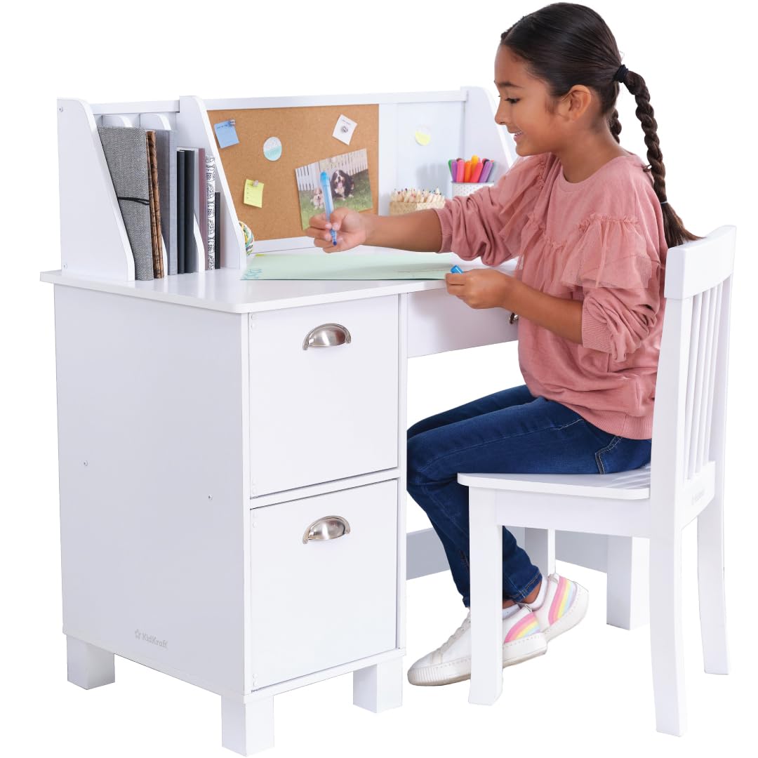 KidKraft White Wooden Study Desk Set for Kids - Children's Study Table with Chair, Bulletin Board & Storage Cabinets - Perfect for Homework, Art Projects & Bedroom Organization