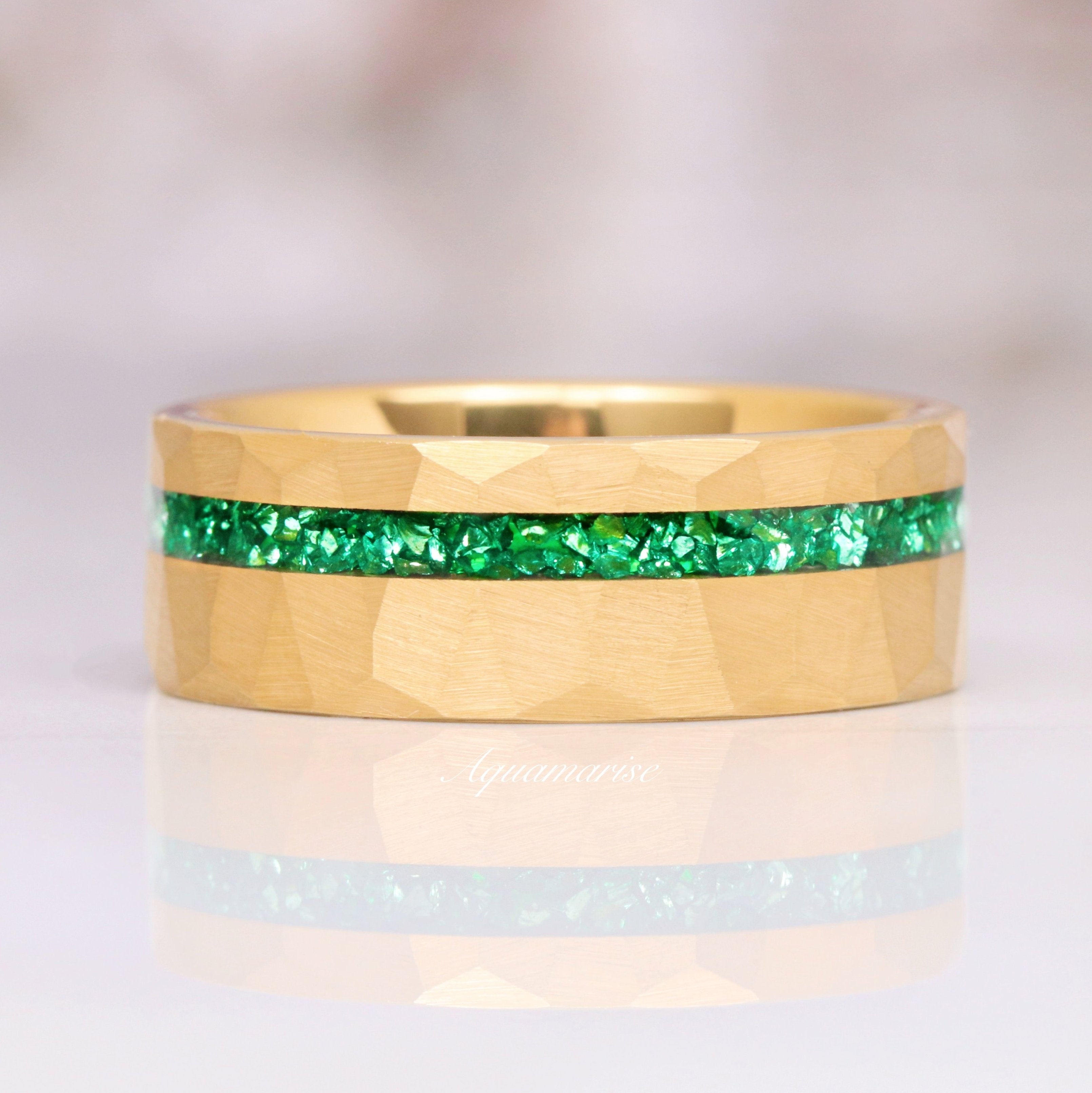 Emerald Wedding Band 8MM Gold Tungsten Ring for Men & Women - Durable & Hypoallergenic for Everyday Wear & Special Occasions