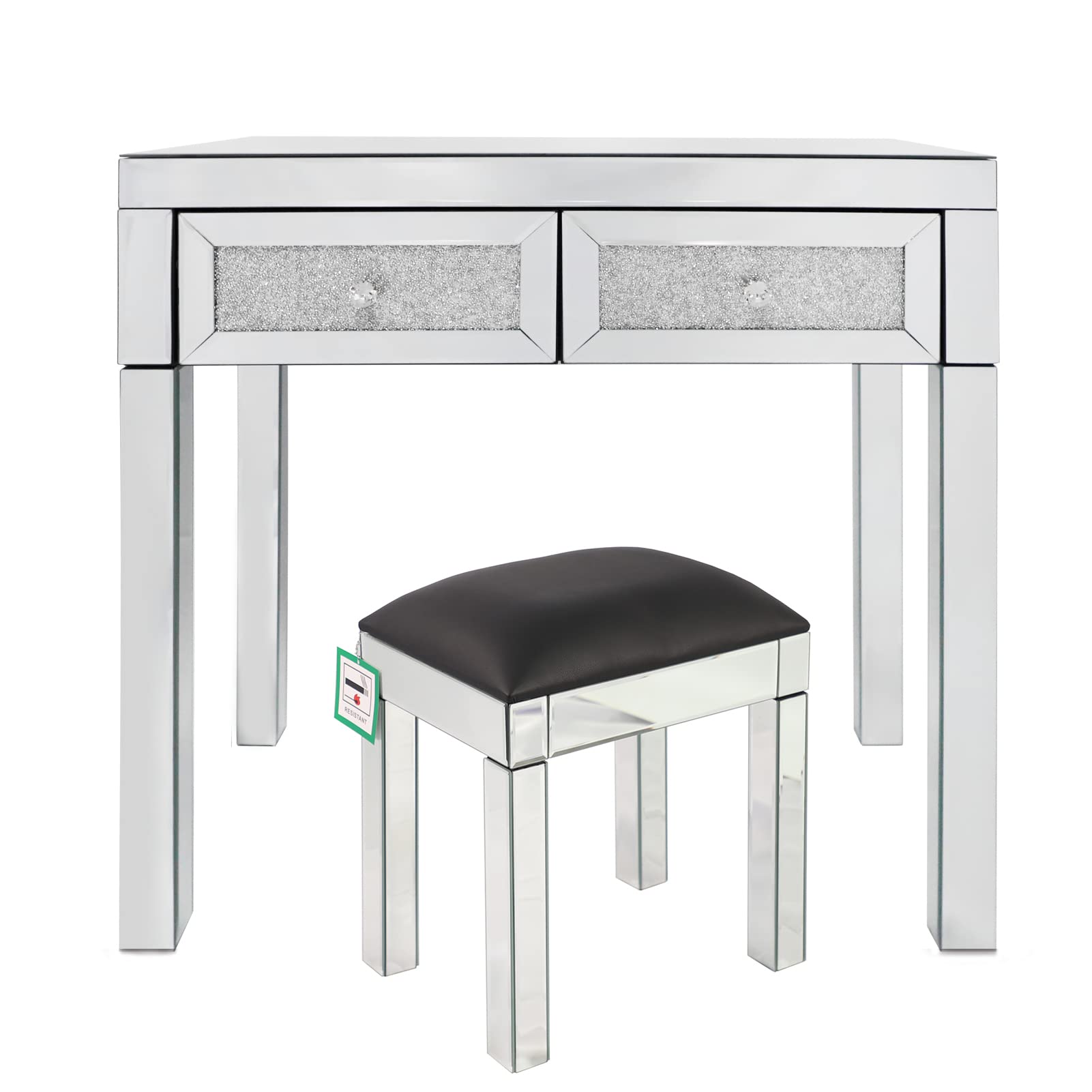 YANGXIN Modern Vanity Makeup Table with Crystal Diamond Handle & Cushion Stool - MDF Dressing Table with 2 Pull-Out Drawers & Mirror - Elegant Bedroom Vanity Desk for Women | Perfect for Makeup, Skincare & Jewelry Organization in Home Decor