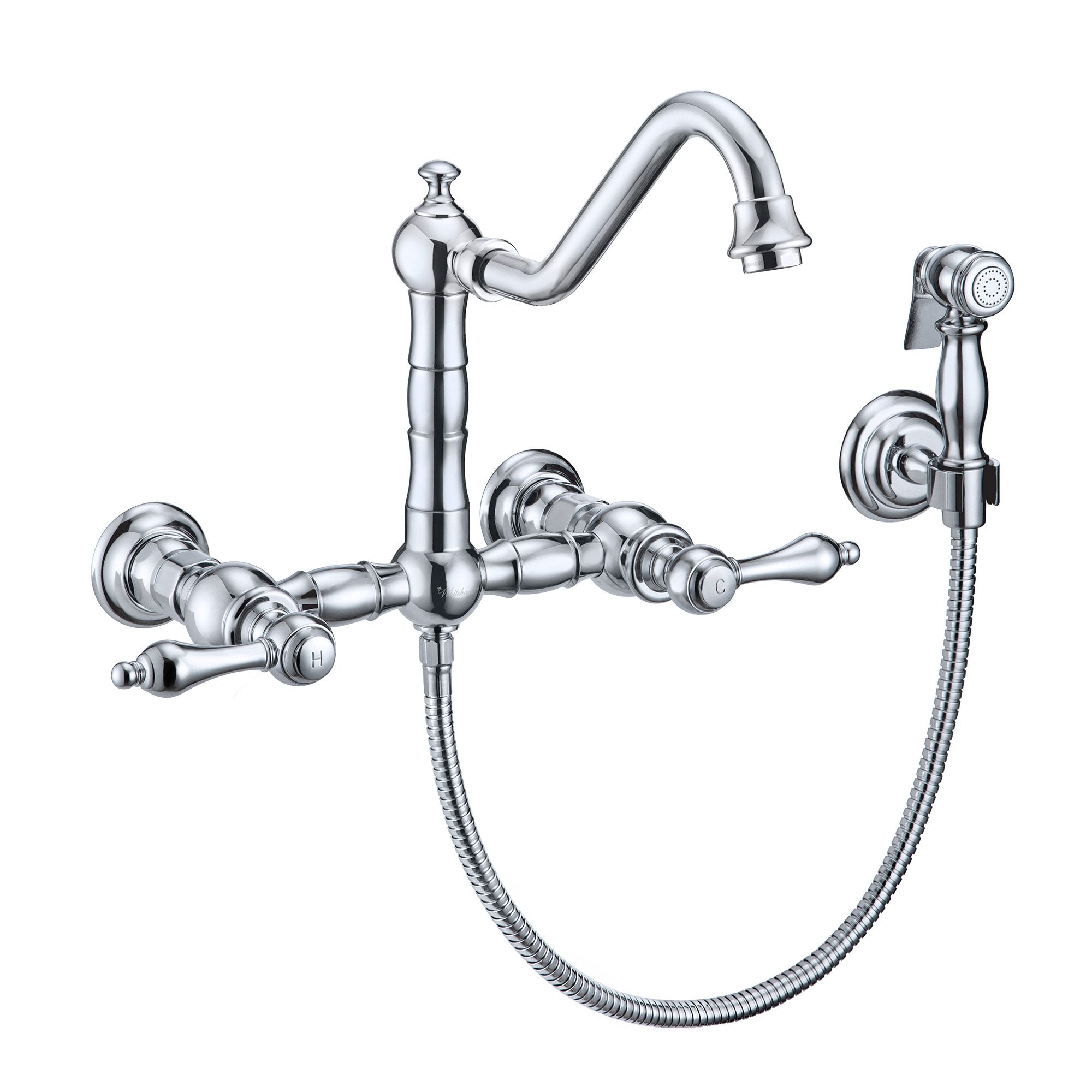 Wall Mount Faucet with Long Traditional Swivel Spout, Lever Handles & Solid Brass Side Spray - Perfect for Kitchen Sink, Bathroom Vanity, and Utility Room Installations
