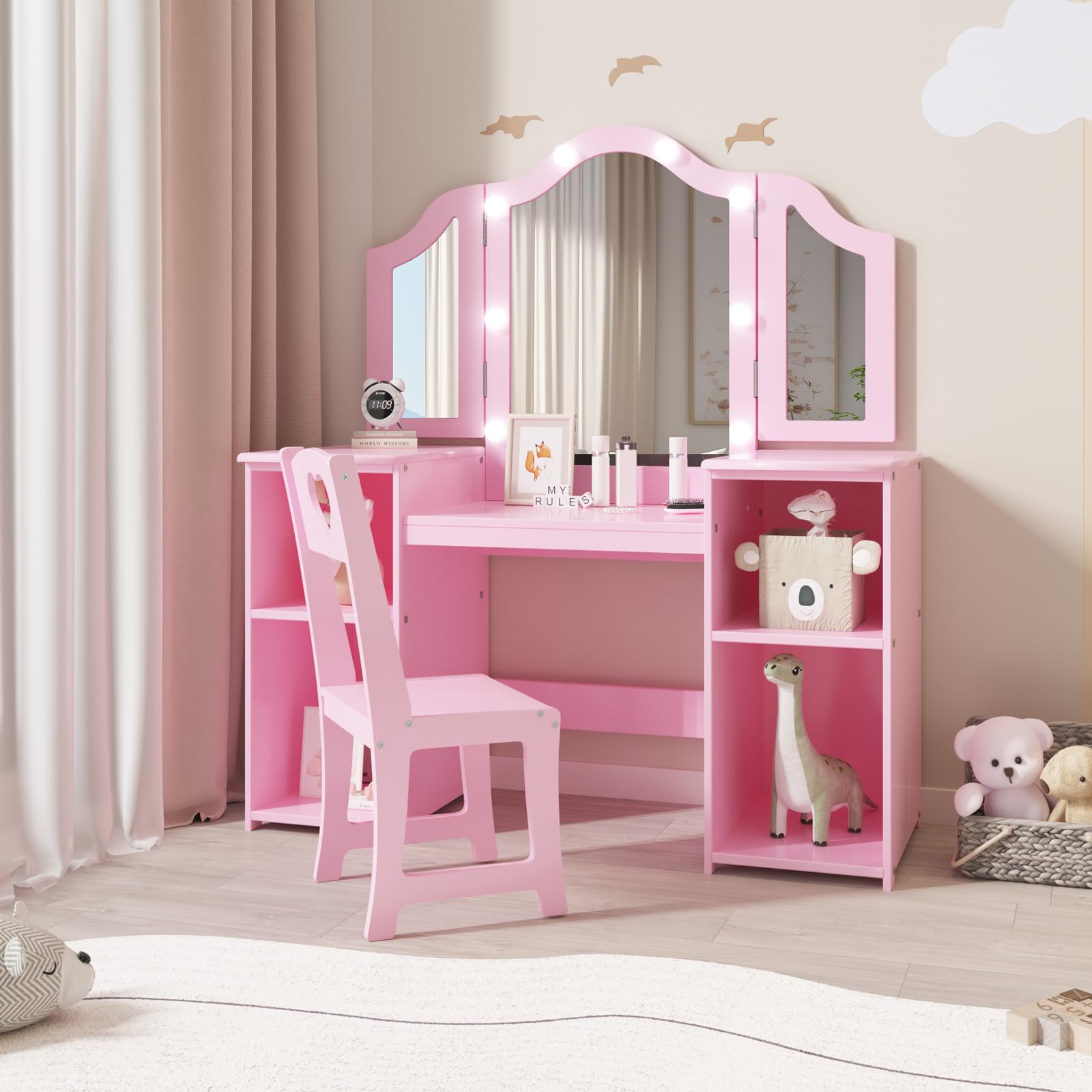 Kids Vanity Table with Touch Light & Detachable Mirror - Wooden Makeup Playset with Chair, Open Storage Shelves for Girls | Princess Dress Up Station for Toddlers (Perfect for Birthday Gifts & Pretend Play)