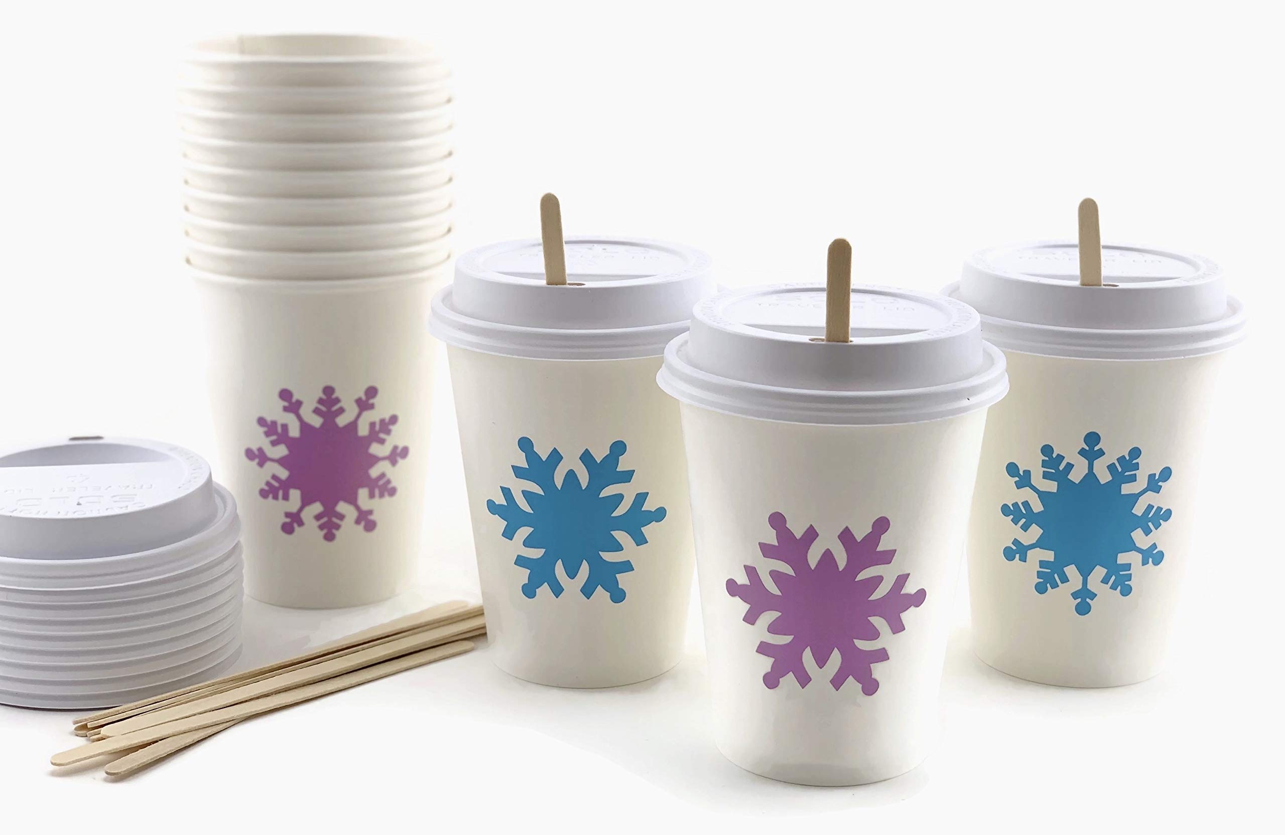 Disposable Ice Princess Party Cups with Lids & Stir Sticks - Snowflake Birthday Decorations, 12-Pack Paper Beverage Cups for Kids Birthday Parties, Baby Showers & Winter Themed Events