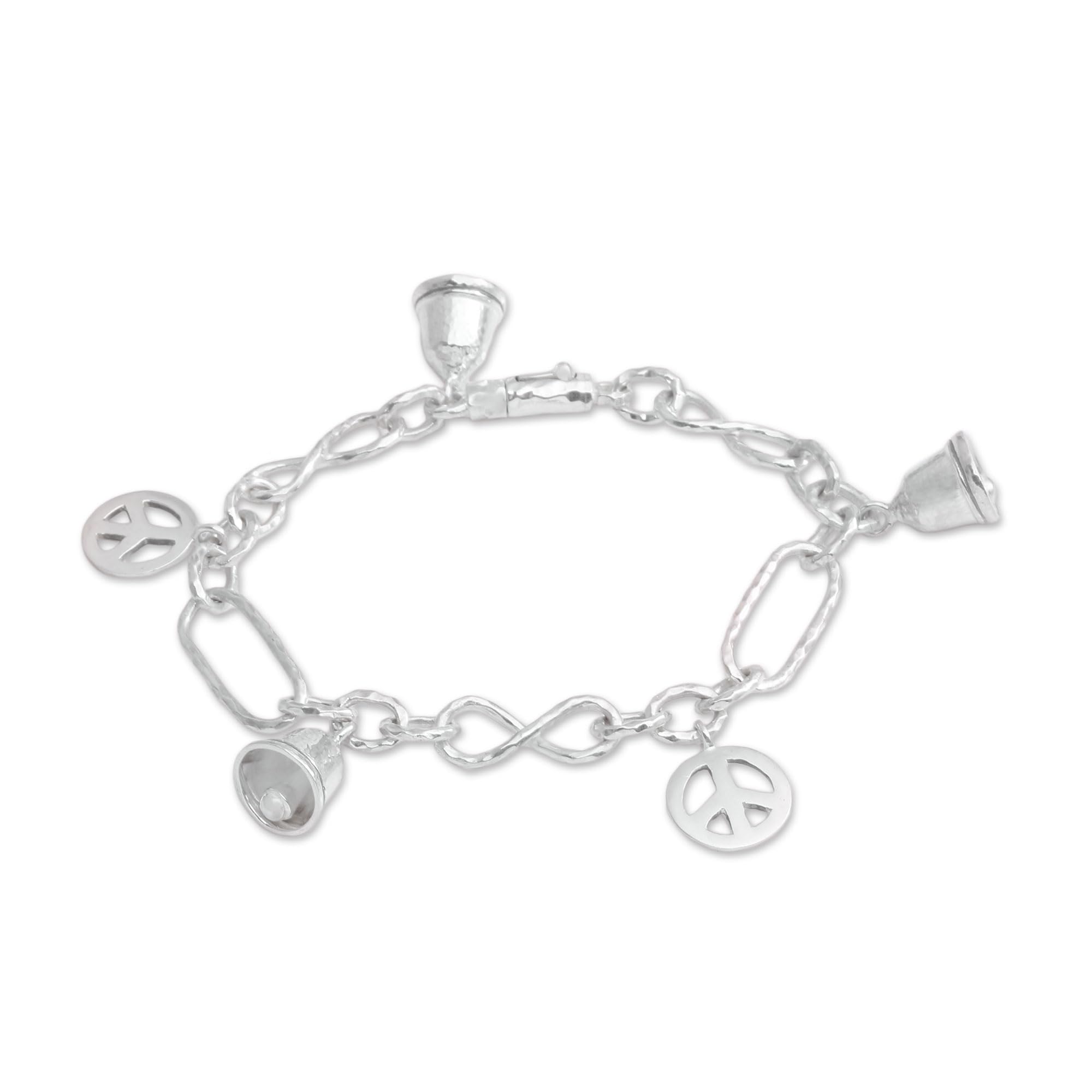 NOVICA Handmade Bali Sterling Silver Peace Symbol Charm Bracelet - 7.5 Inch Adjustable Bangle with Infinity Design - Indonesian Artisan Jewelry for Women - Perfect for Yoga, Meditation & Boho Fashion