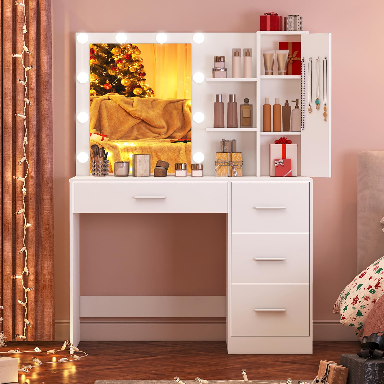 USIKEY White Makeup Vanity Set with LED Lights - 10 LED Mirror, 4 Drawers, Cabinet & Necklace Hooks - Dressing Table for Bedroom, Perfect for Makeup Application & Jewelry Organization