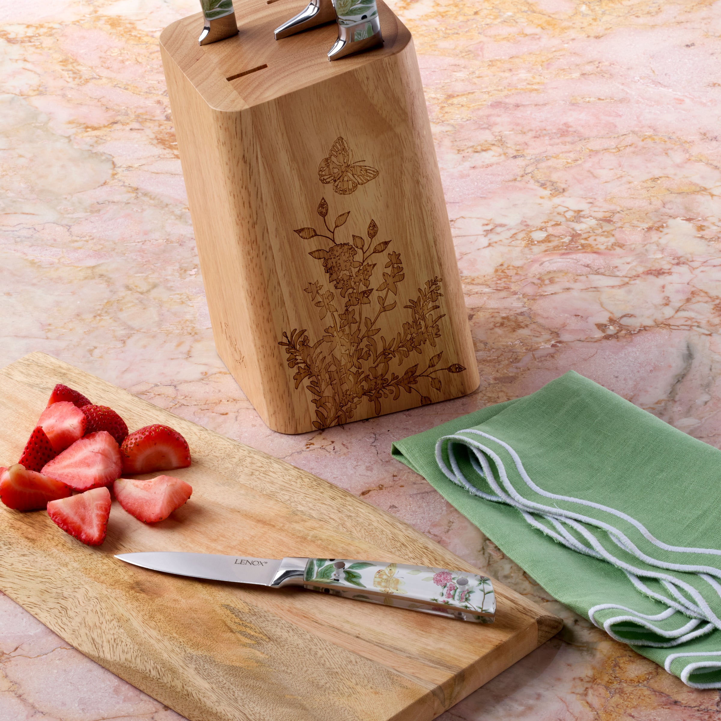 Butterfly Meadow Herbs 6-Piece Cutlery Block Set - Premium Wooden Knife Holder with Stainless Steel Knives - Perfect for Kitchen Storage & Countertop Organization