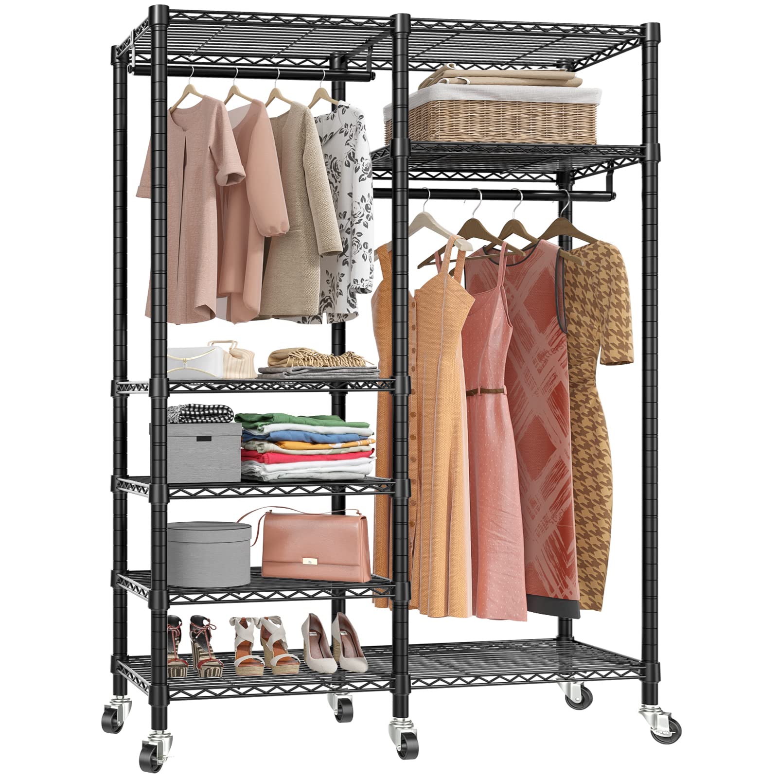 VIPEK V14 Heavy Duty 6-Tier Rolling Garment Rack with Adjustable Double Rods & Lockable Wheels - Freestanding Metal Clothing Storage Rack for Closet, Laundry Room, or Retail Store Organization (Black)