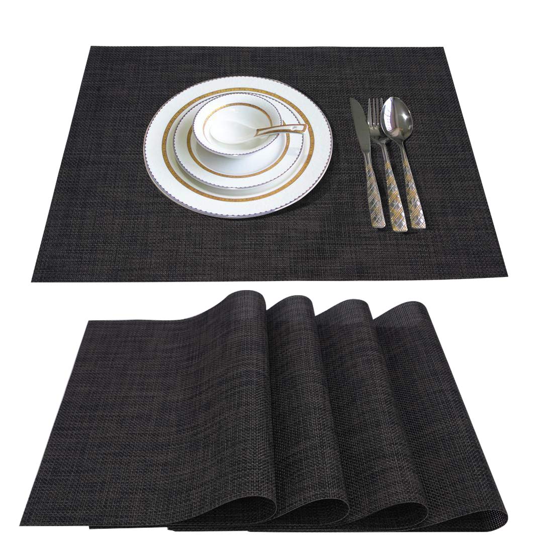 Jolumros 4-Pack Non-Slip Heat Resistant Placemats for Dining Table - Washable Woven Vinyl Table Mats for Kitchen Decor & Insulation (Black) - Perfect for Everyday Meals, Dinner Parties & Home Decor