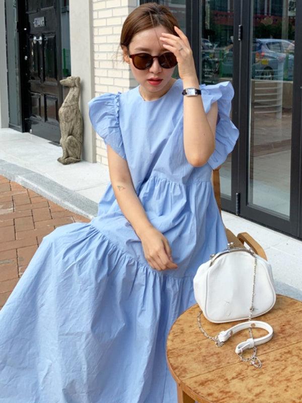 Lovevop Women's Crew Neck Floral Trim Paneled Pleated Sleeve Dress - Elegant Casual Wear for Office, Date Night & Special Occasions