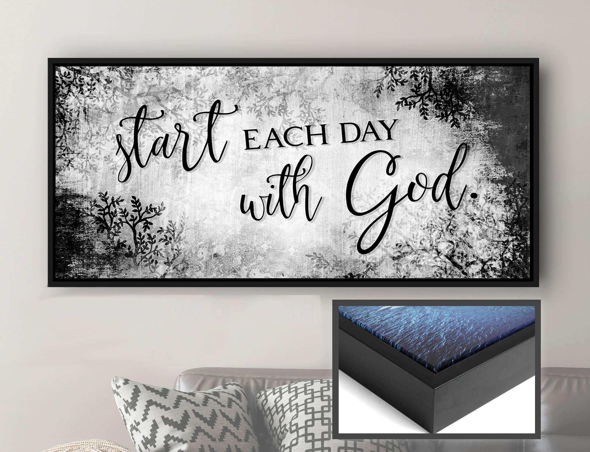Start Each Day With God - Inspirational Religious Wall Decor with Grey Black Floating Frame 42x19, Positive Quotes for Bedroom, Living Room & Office Spiritual Room Decor