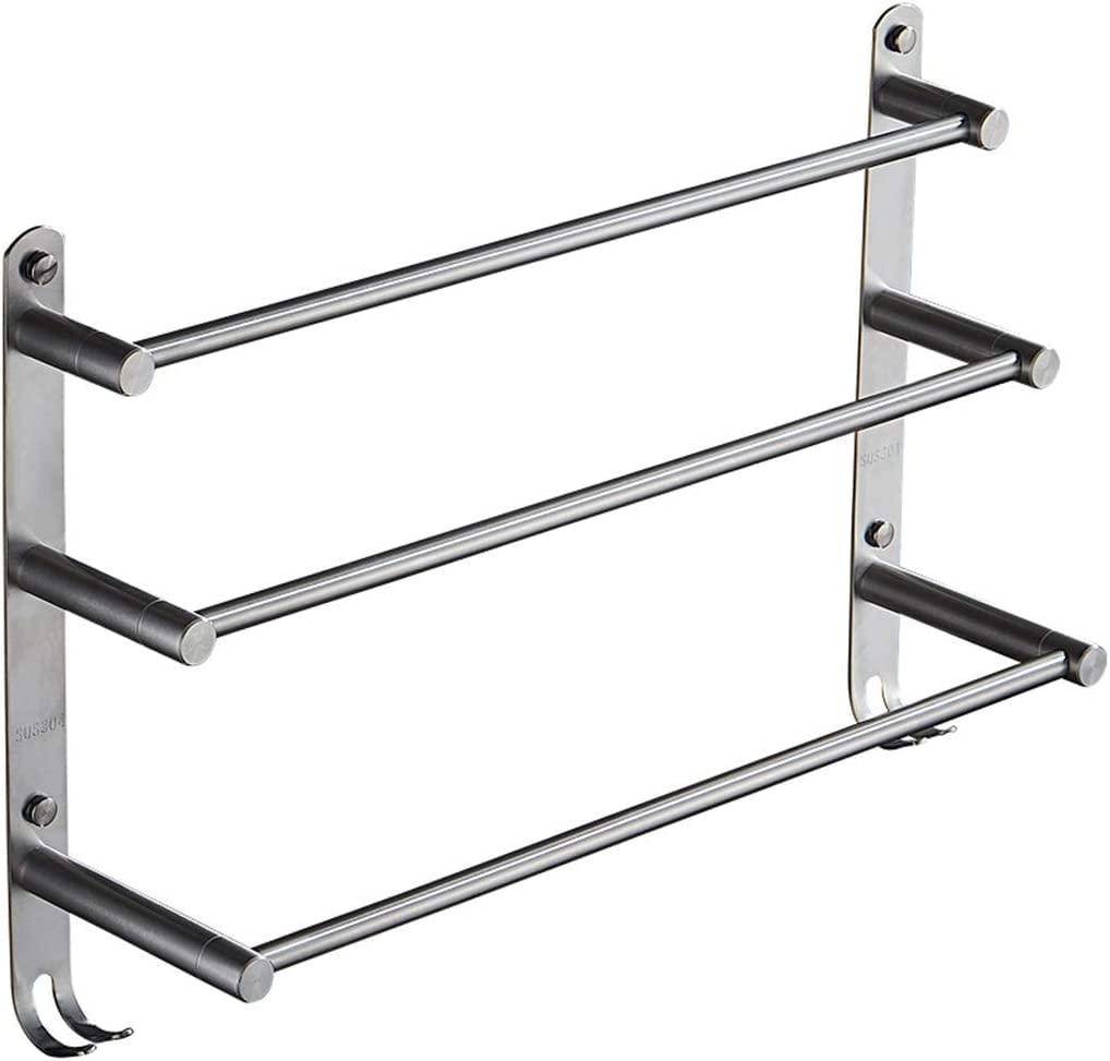 304 Stainless Steel 3-Tier Wall Mounted Bathroom Towel Rack with Hooks - 50cm Rustproof Towel Bar Rail & Shelf for Hand Towels, Kitchen & Bathroom Organization - Perfect for Small Spaces, Apartments, and Modern Home Decor