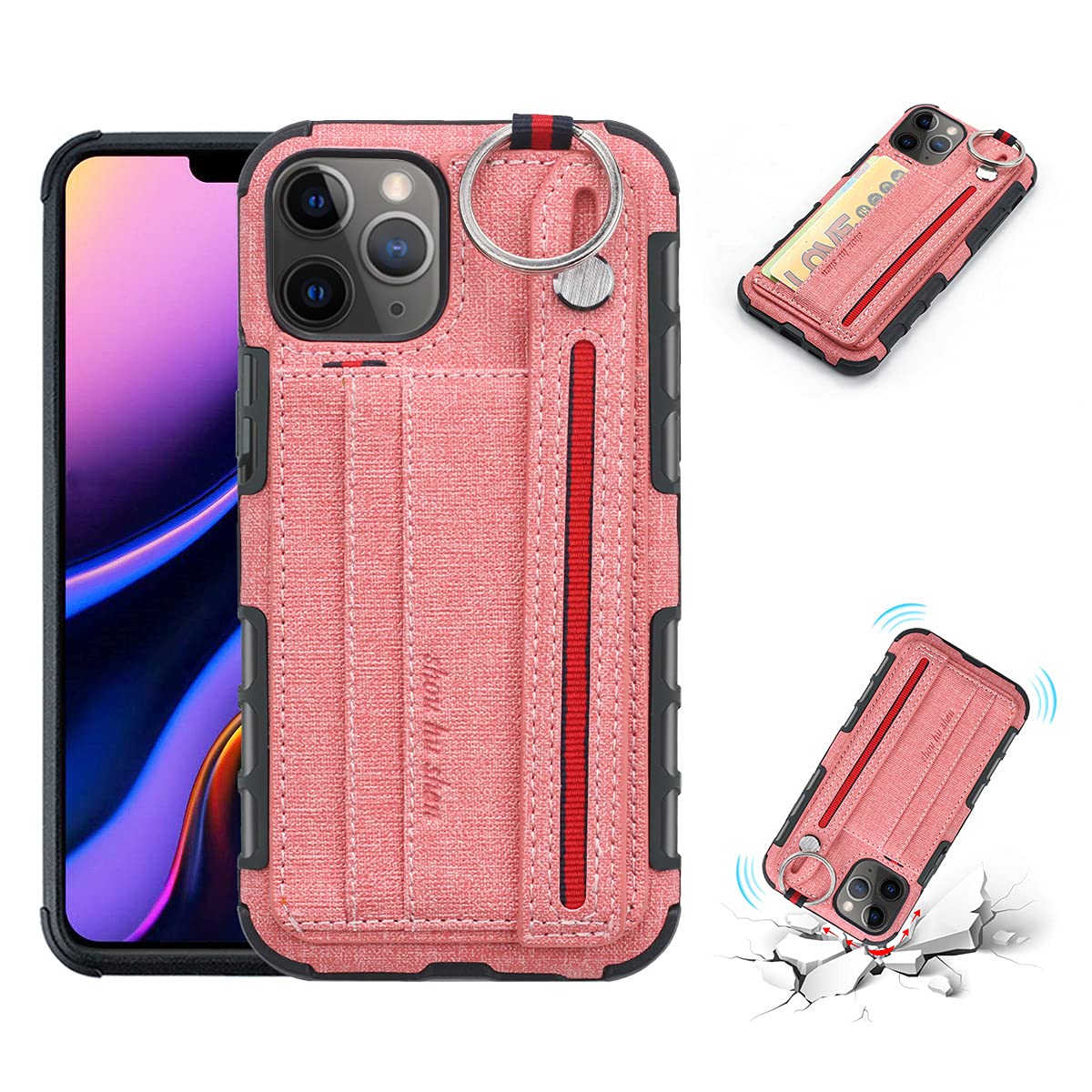 Premium Omio iPhone 11 Pro Case with Ring Grip Holder, Finger Strap & Card Pocket - Shockproof Anti-Scratch Canvas Cover with Hanging Loop (Perfect for Travel, Commuting & Hands-Free Use)