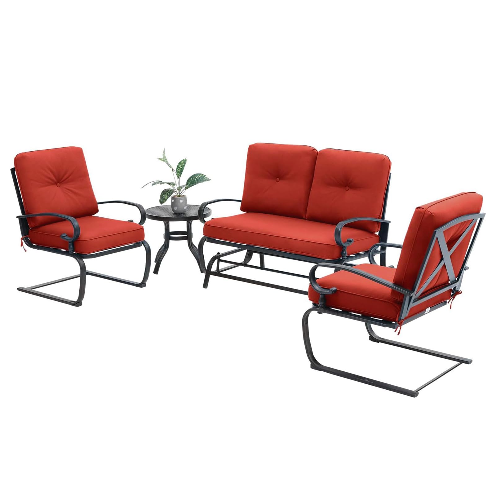 4-Piece Metal Outdoor Patio Conversation Set with Glider Chairs & Round Side Table - Wrought Iron Look Spring Lounge Chair Set (Red) - Perfect for Garden, Backyard, Poolside or Terrace Relaxation