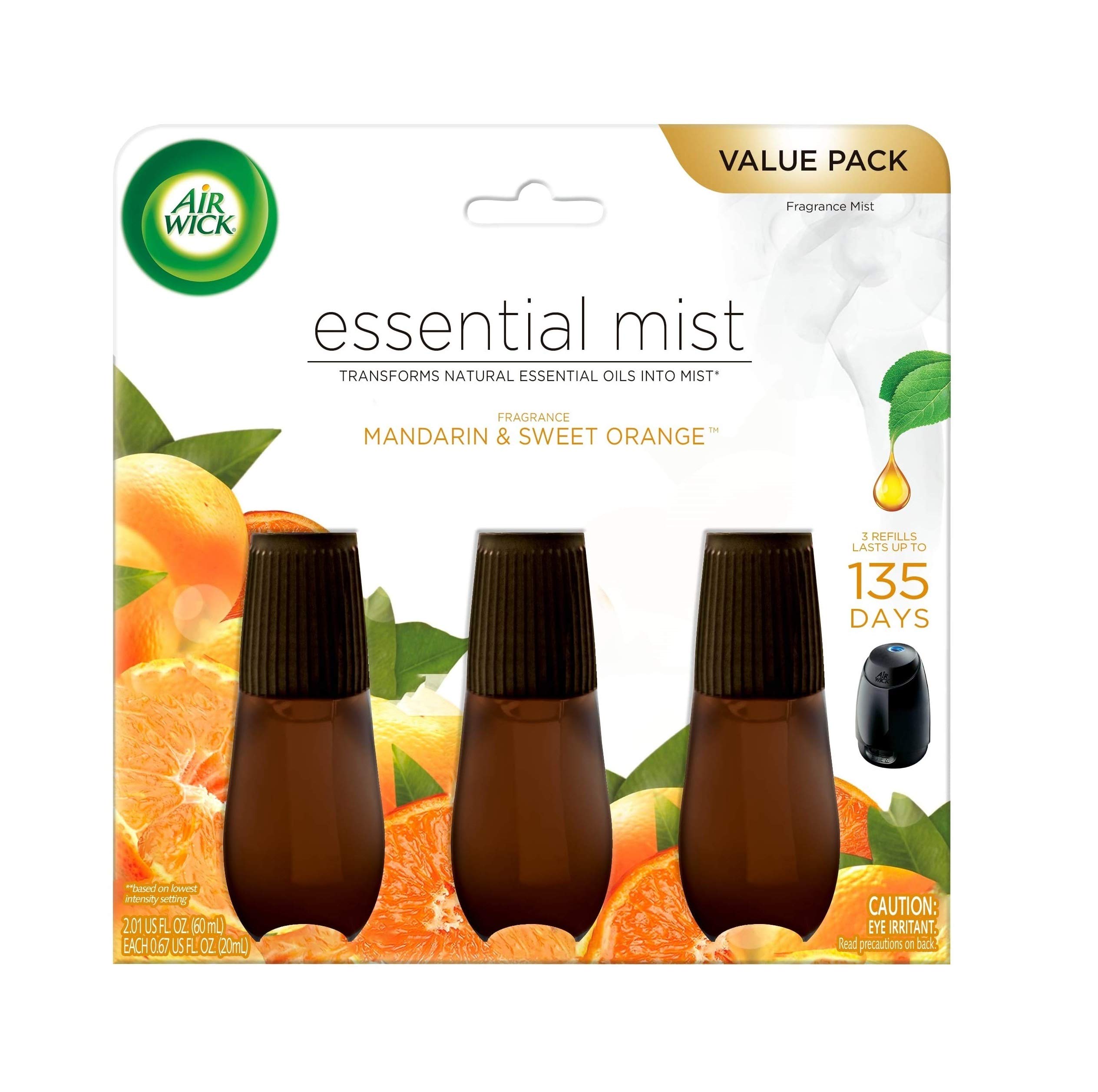 Air Wick Essential Mist Diffuser with Mandarin & Sweet Tangerine Essential Oils - 3 Pack Home Air Freshener for Living Room, Bedroom & Bathroom Aromatherapy