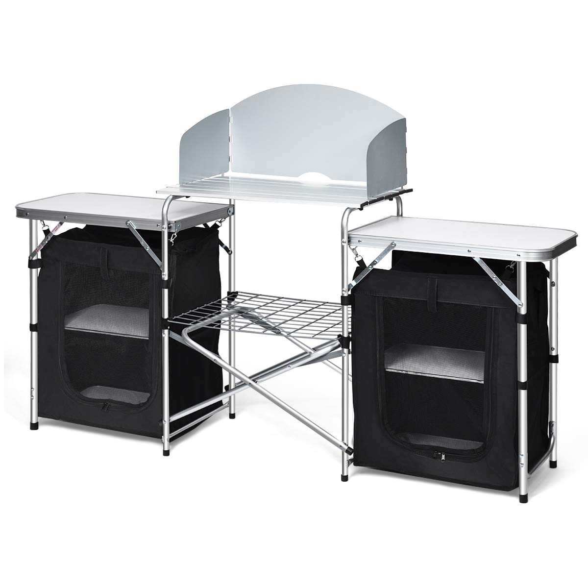 **PETSITE Portable Camping Kitchen Table with Storage Organizer - Aluminum Windscreen Folding Cooking Table for BBQ, Picnic & Outdoor Parties - Compact & Lightweight for RV, Backpacking & Tailgating (Black)**