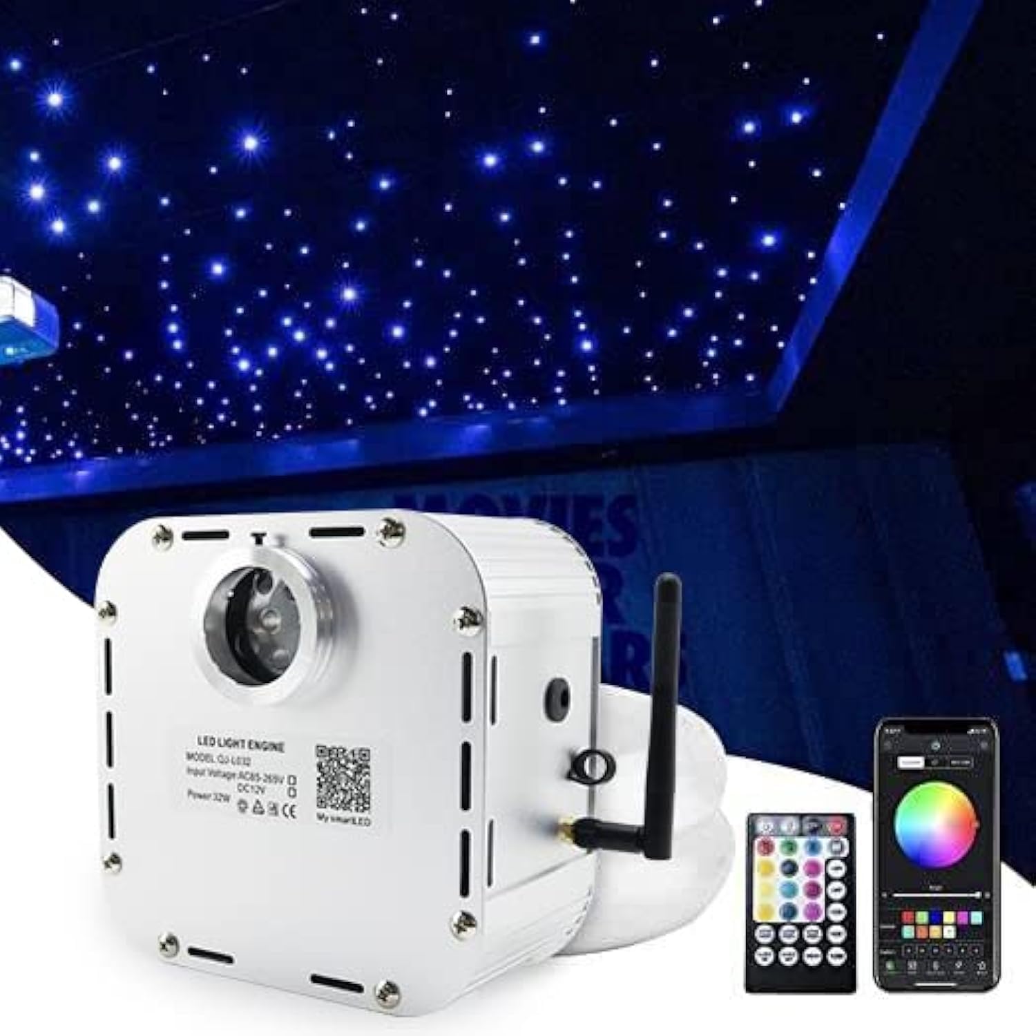 AMKI 32W High Brightness Fiber Optic Star Ceiling Kit - 1000pcs Twinkle Lights, 0.03in 16.4ft RGBW Fiber Strands with Sound Activation & APP Remote Control for Car, Home, Bedroom, Theater Ceiling Decoration | Create Stunning Galaxy Effects for Parties, Romantic Nights & Home Theater Ambiance