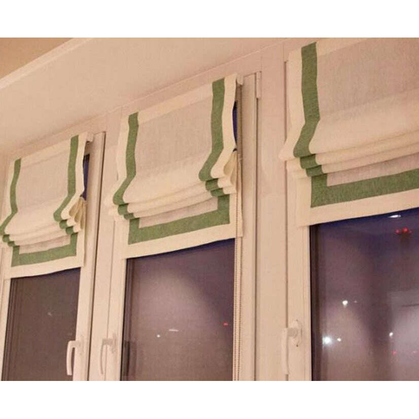 Napa Roman Blinds - White with Light Green Stripe Window Shades for Living Room, Bedroom & Office | Blackout & Light Filtering Window Treatments