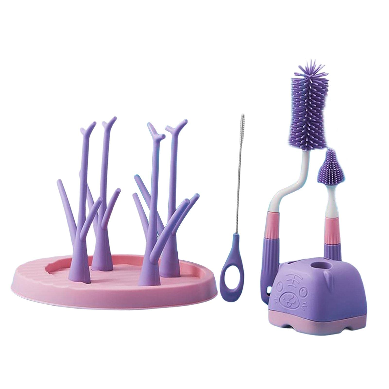 Milageto Baby Bottle Brush Set - Portable Multifunctional Bottle Scrubber with Drain Rack & Cup Cleaner | Safe Newborn Feeding Accessories | Perfect for Travel, Daycare & Home Use (Violet)