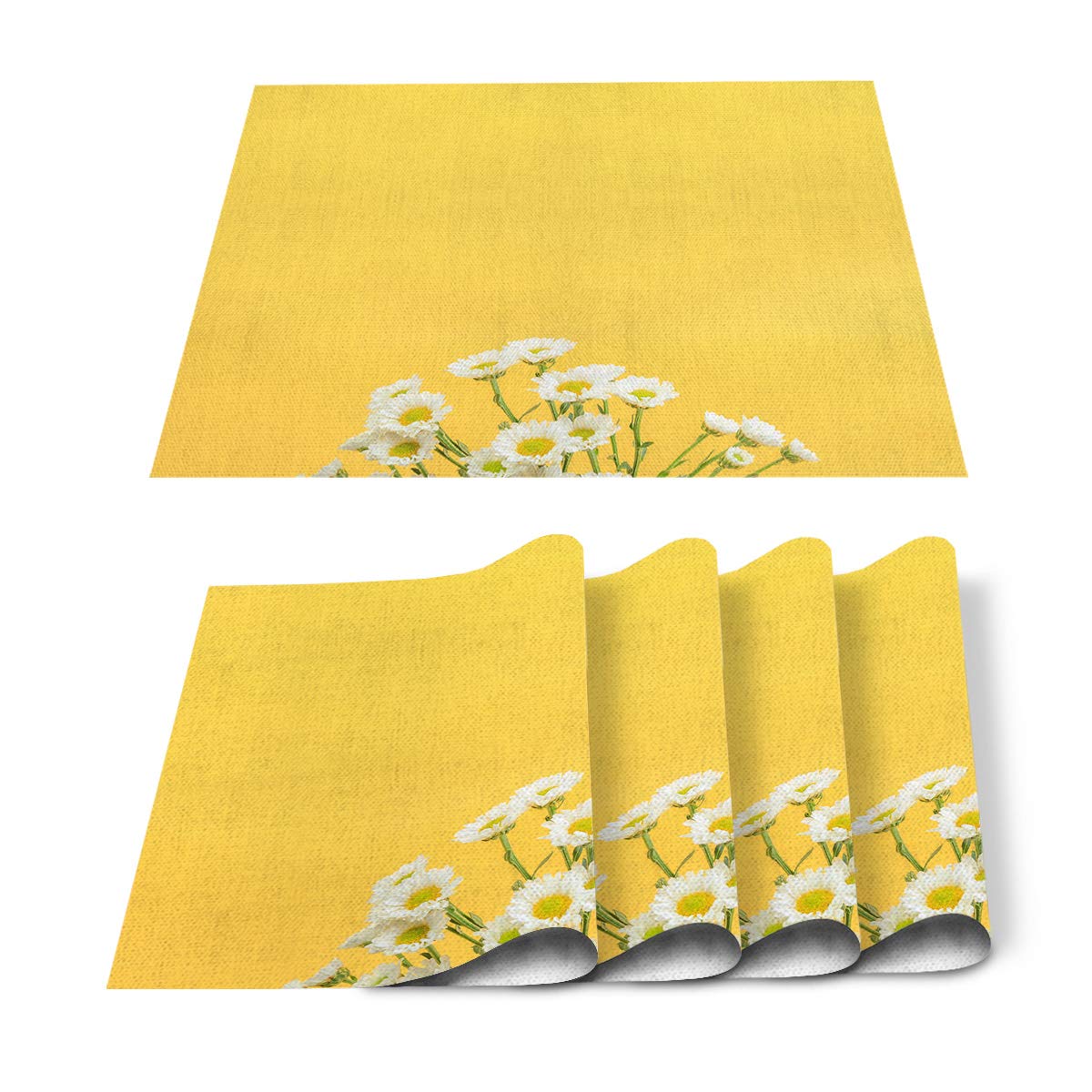 Heat-Resistant Non-Slip Cotton Linen Placemats Set of 6 - Daisy Print Table Mats for Dining Table Decor, Kitchen & Party Use, Washable & Durable - Perfect for Home, Banquet and Daily Meals