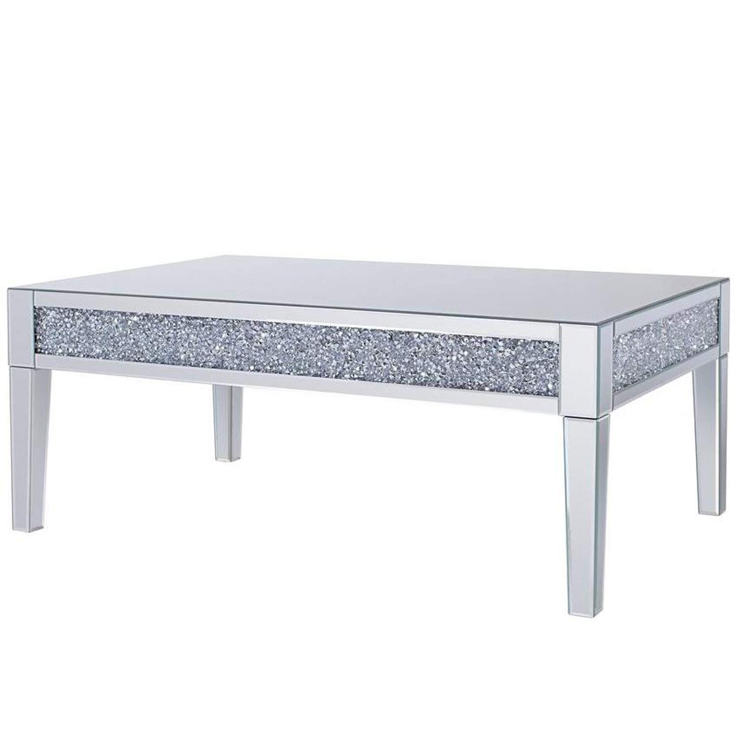 Silver Benjara Clear Wood & Mirror Coffee Table with Crystals - Living Room Decor