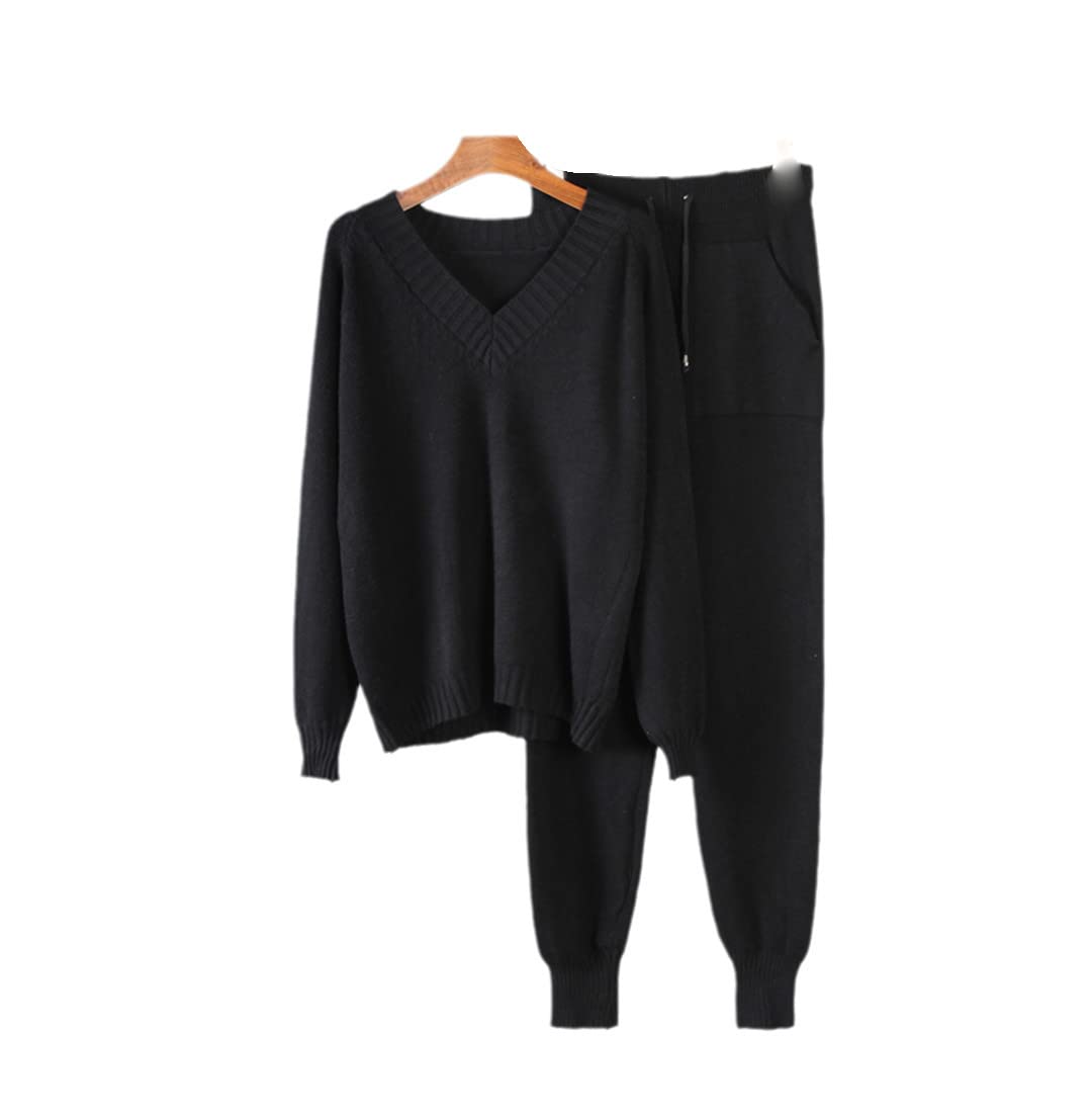 Women's Soft Cashmere Knit Sweater & Harem Pants Set - Loose V-Neck 2-Piece Tracksuit Outfit for Lounge, Travel & Casual Wear