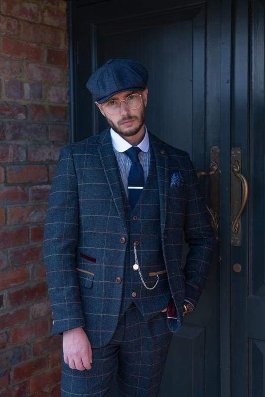 Marc Darcy Eton Men's Blue Slim Fit Tweed Check Blazer - Stylish Formal Jacket for Business Meetings, Weddings & Office Wear