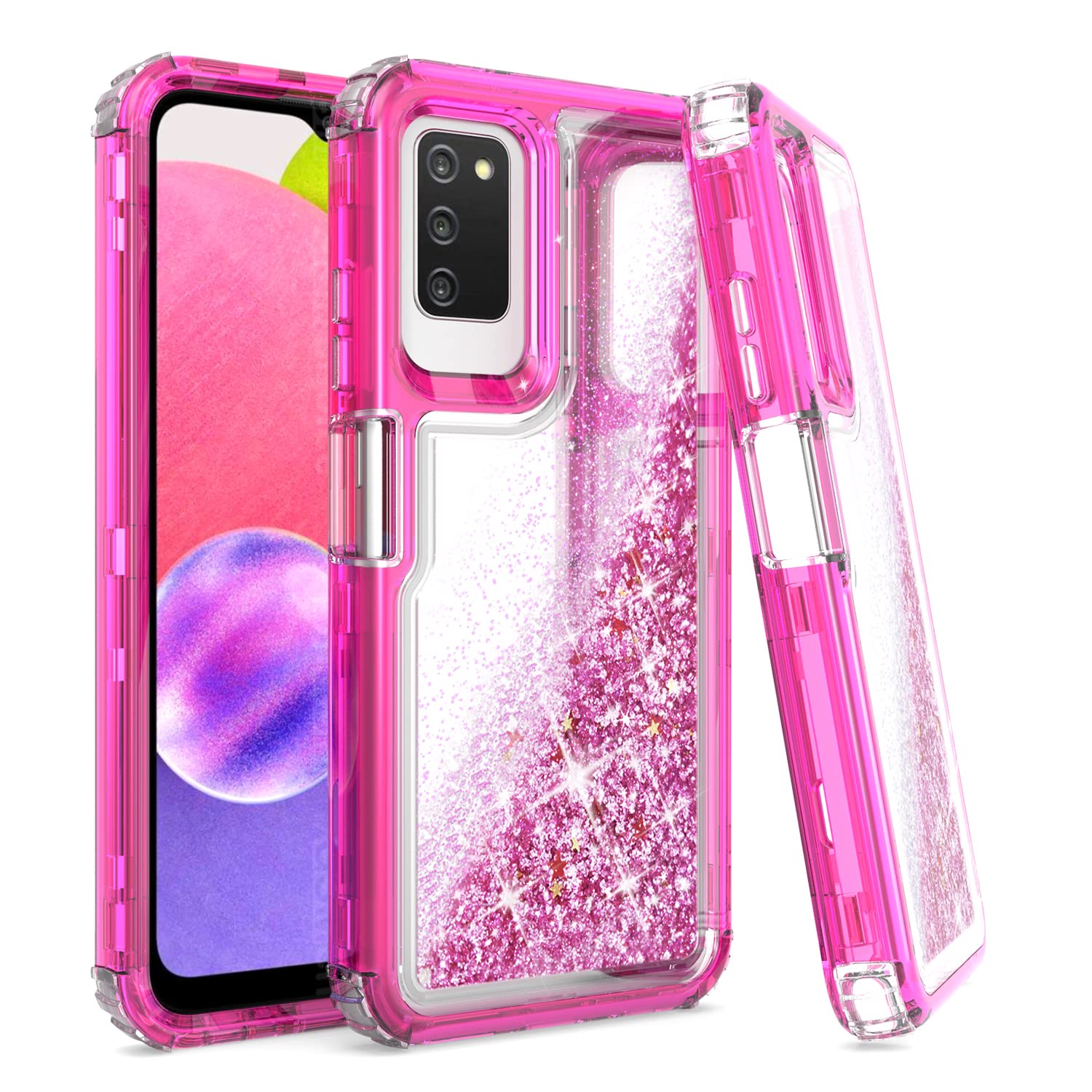 Sparkle Liquid Glitter Phone Case for Samsung Galaxy A03s - Shockproof Hybrid Bumper Cover with Quicksand Effect in Hot Pink | Perfect for Everyday Protection & Style Enhancement