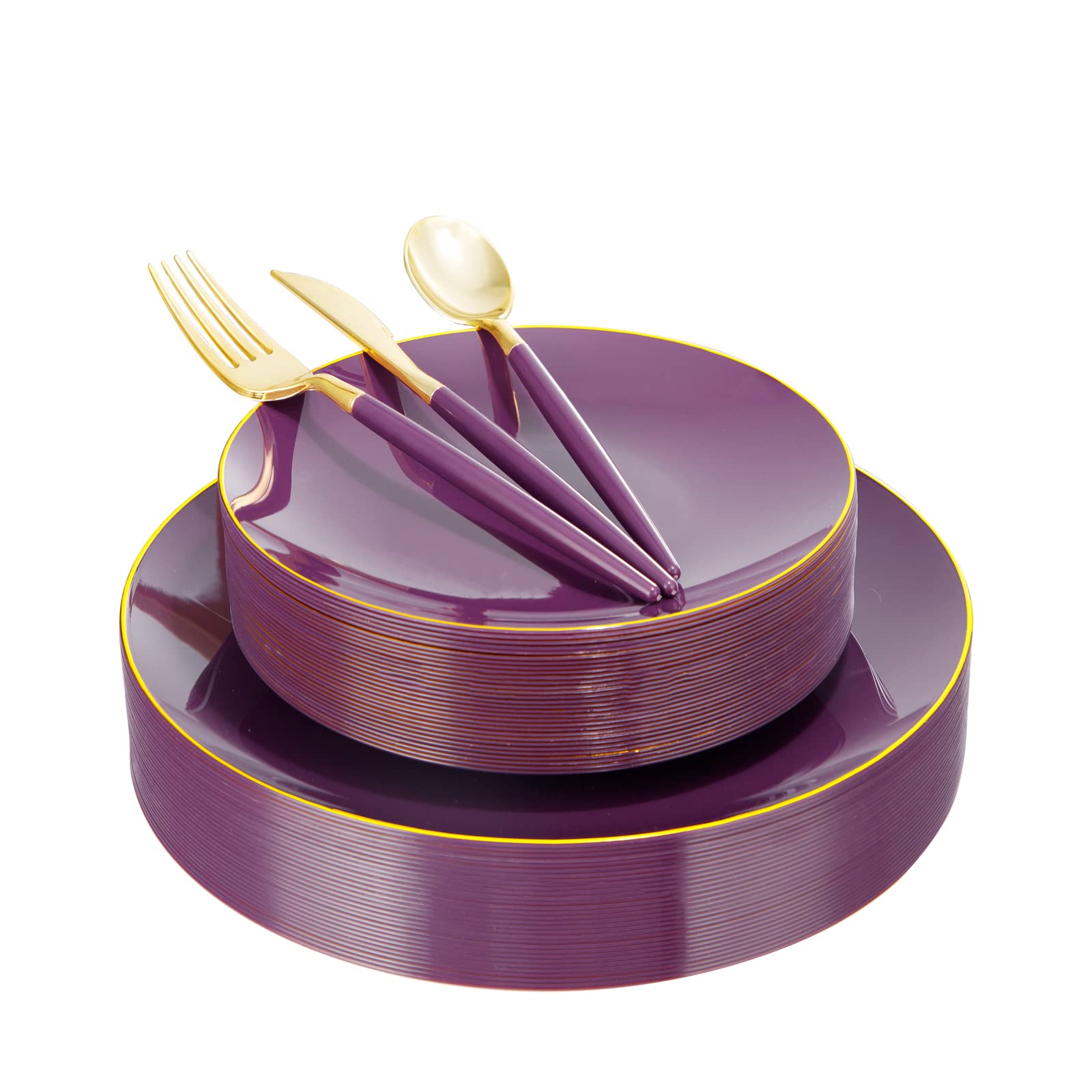 150-Piece Purple & Gold Disposable Plastic Dinnerware Set - 30 Dinner Plates, 30 Dessert Plates, 30 Forks, 30 Knives, 30 Spoons for Wedding, Party & Halloween Celebrations - Elegant Disposable Tableware for Catering, Events & Home Entertaining