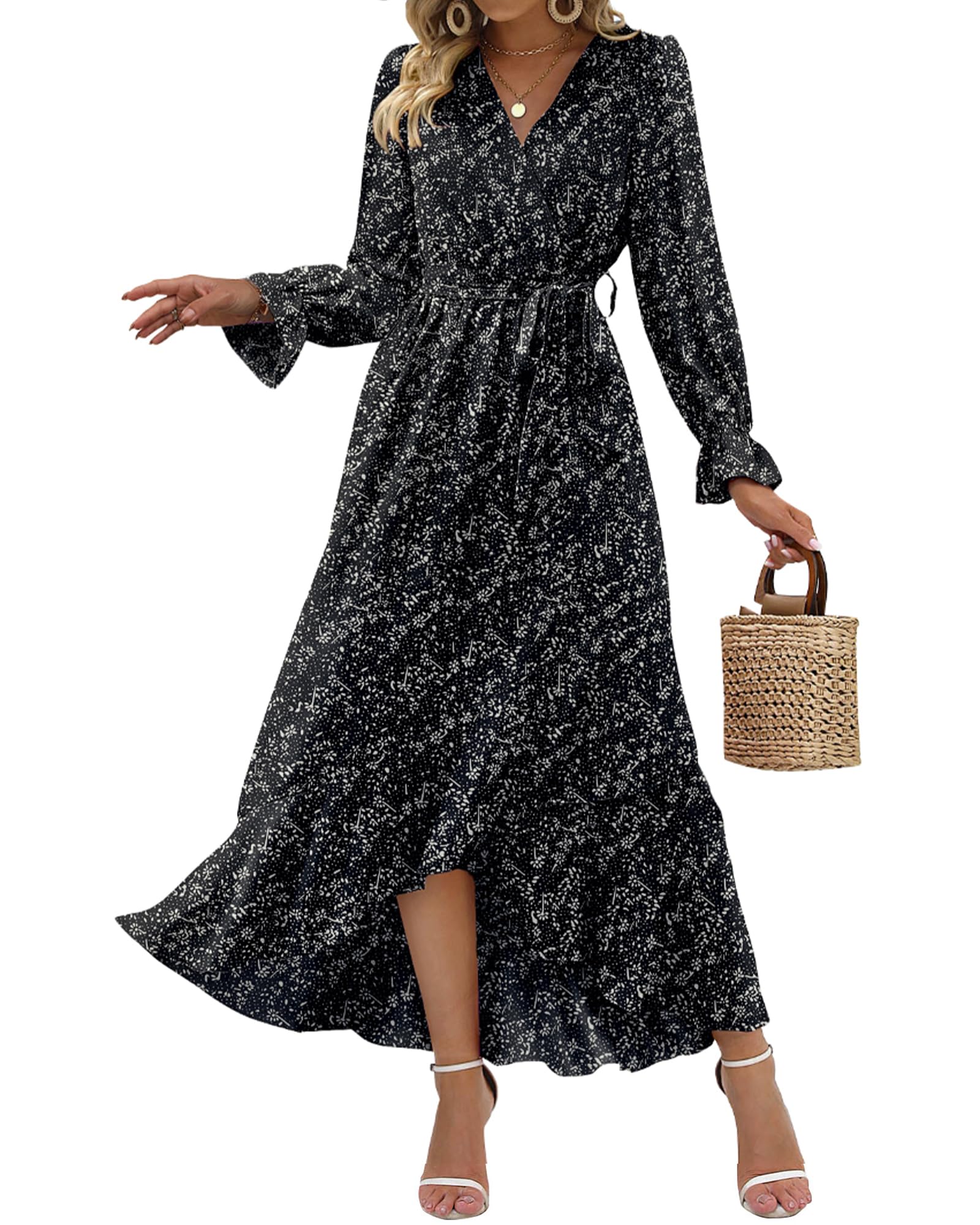 BTFBM Women's Long Sleeve Floral Boho Dress - V Neck High Waist Ruffled Summer Wedding Guest Dress for Spring & Summer 2025 | Perfect for Garden Parties, Bridal Showers & Casual Events