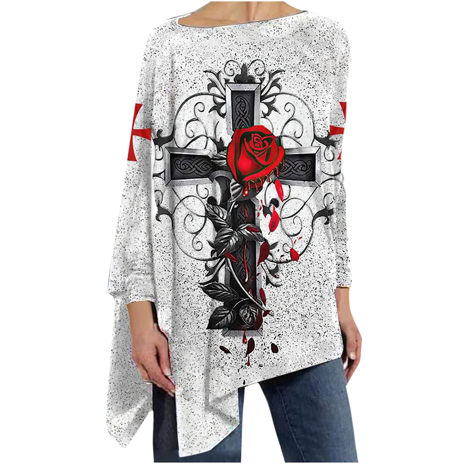 Women's Cross Print Long-Sleeve Loose T-Shirt - Casual & Dressy Blouse for Everyday Wear