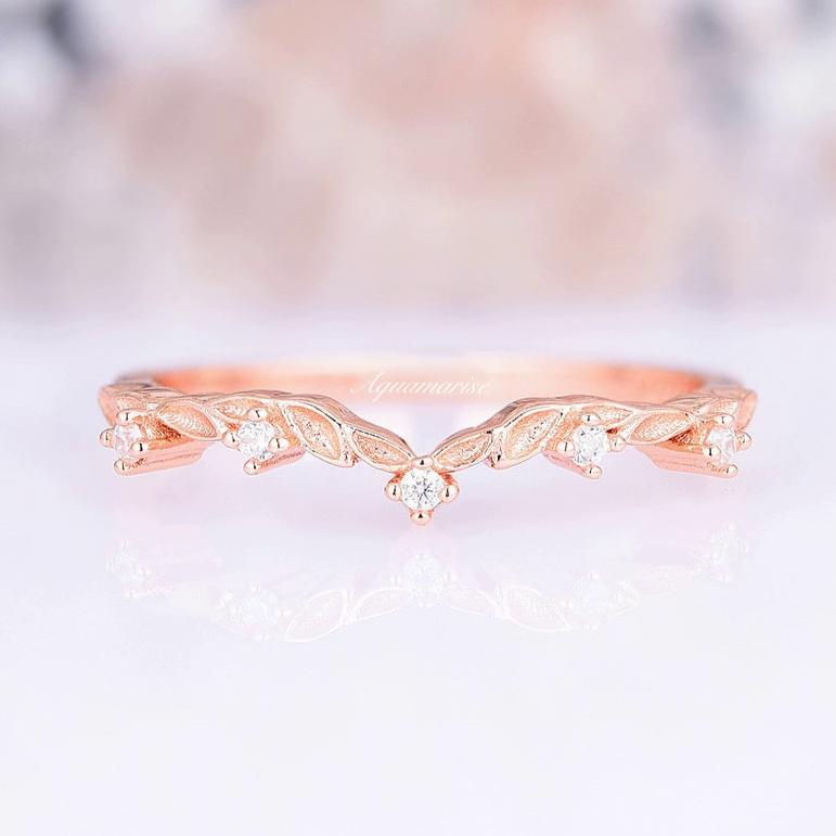 14K Rose Gold Vermeil Filigree Leaf Simulated Diamond Wedding Band - Elegant Bridal Jewelry for Engagement, Anniversary & Special Occasions