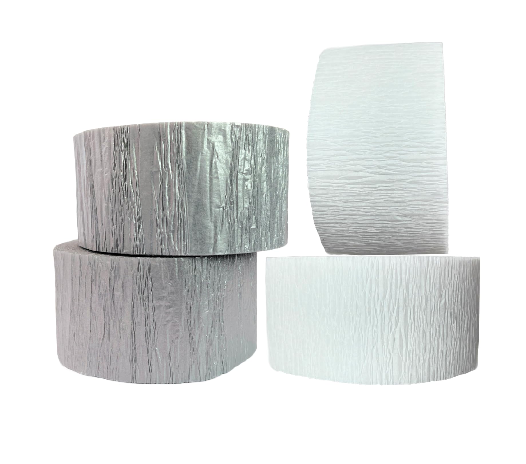 Premium White & Silver Metallic Crepe Paper Streamers - 4 Rolls (290 Feet Total) for Party Decorations, Wedding Backdrops & Birthday Celebrations