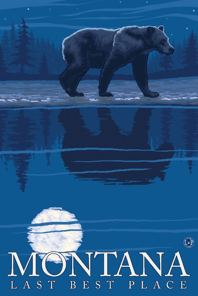 Montana Last Best Place Bear in Moonlight Wall Art Poster - 12x18 Inches Framed Canvas Print for Living Room, Bedroom & Office Decor - Perfect Gift for Nature Lovers