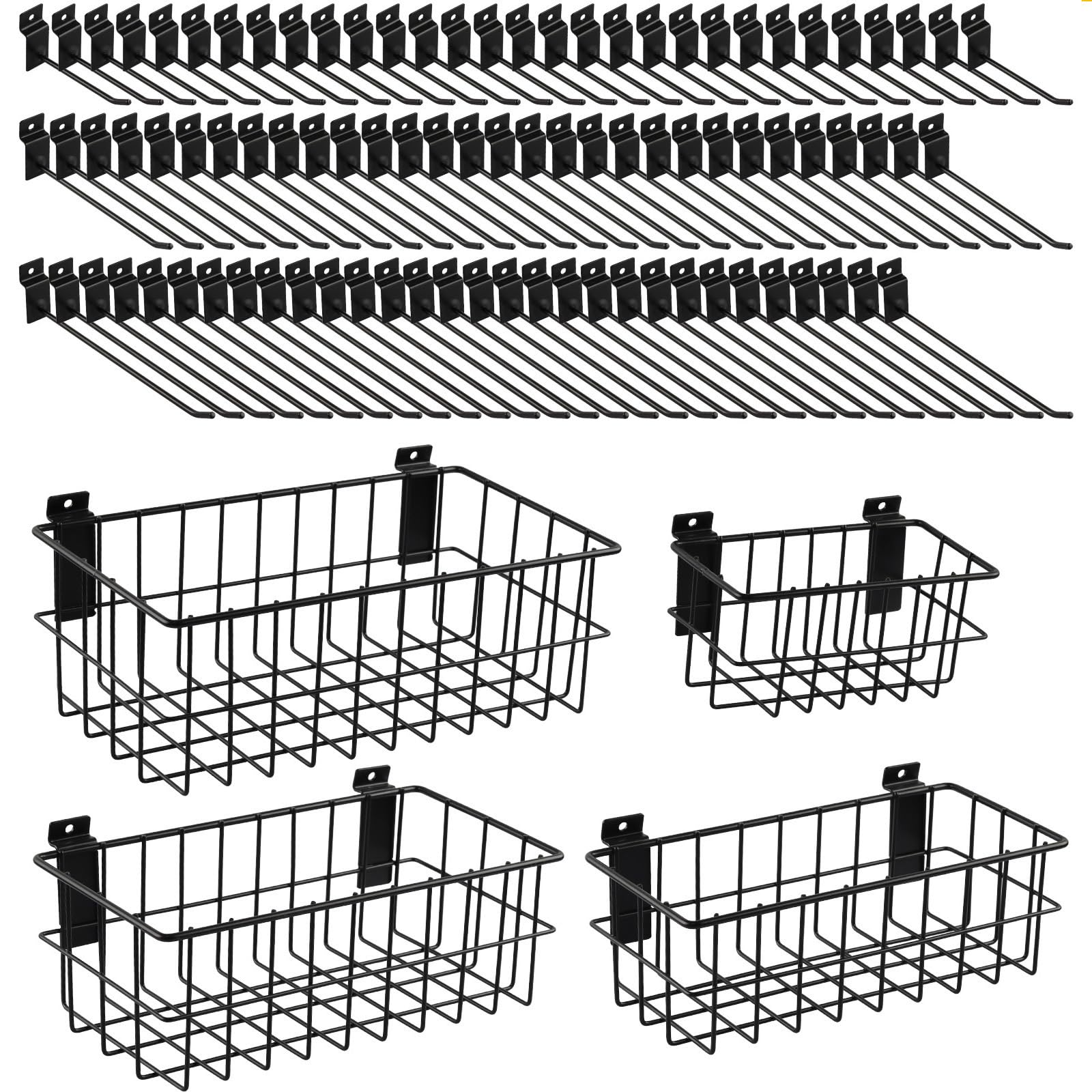 94 Pcs Slat Wall Organizer Set - 4 Black Metal Ventilated Slatwall Baskets & 90 Slatwall Hooks in 3 Sizes (4