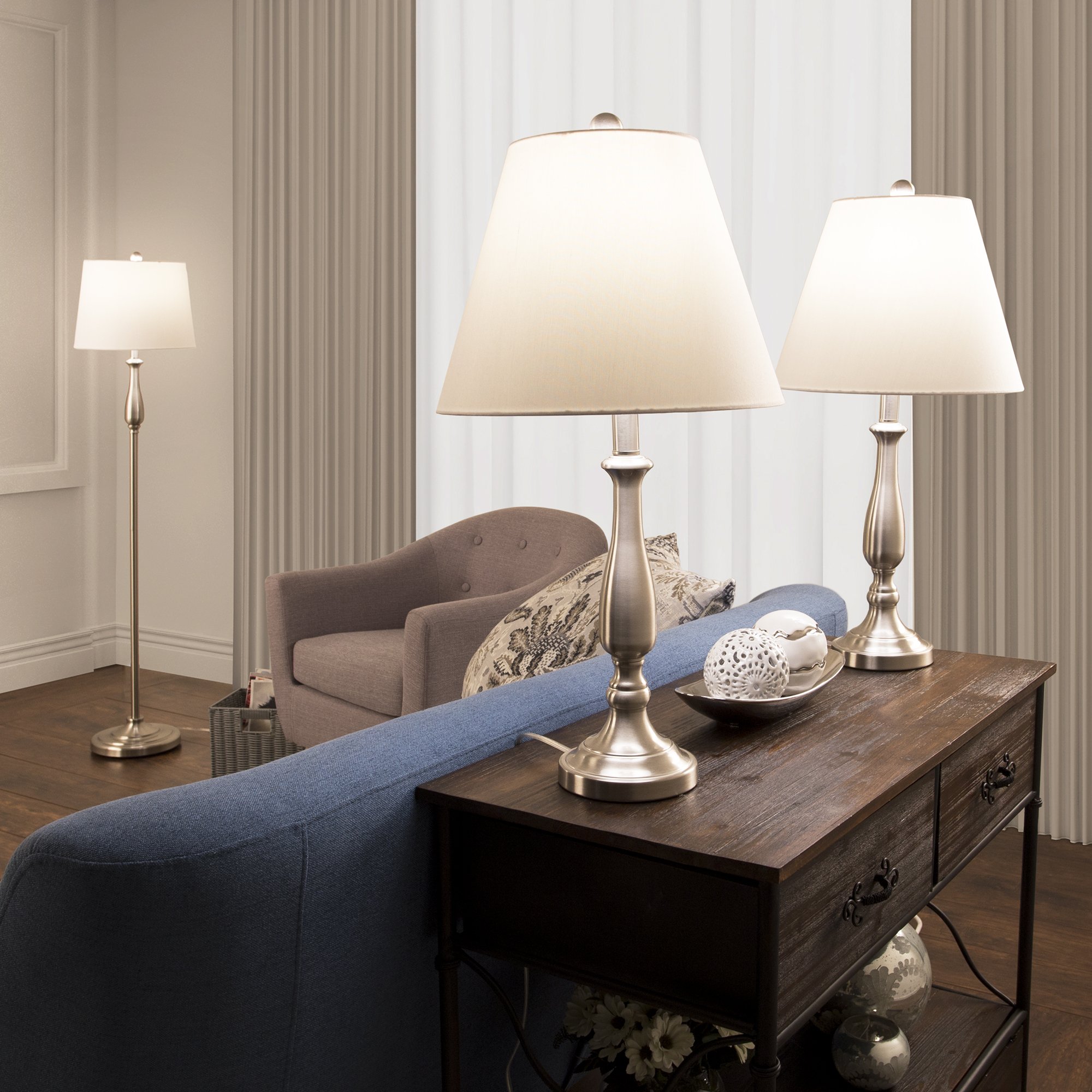3-Piece Home Lighting Set - 2 Table Lamps & 1 Floor Lamp in Silver for Living Room, Bedroom & Office Decor | Modern Lighting Fixtures by Lavish Home | Perfect for Ambient & Task Lighting