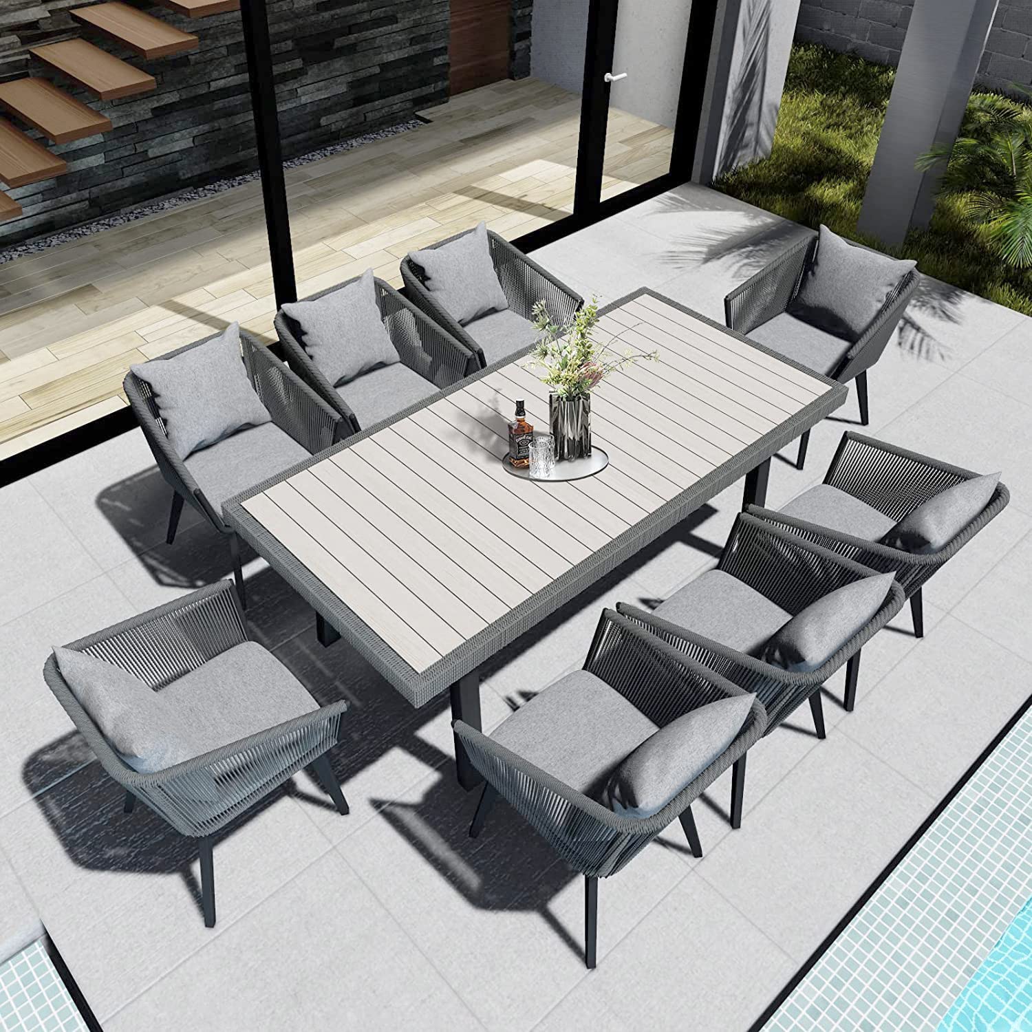 9-Piece All-Weather Outdoor Patio Dining Set for 8 - Durable Wicker Table & Chairs with Cushions & Pillows (Grey) - Perfect for Backyard BBQs, Poolside Gatherings & Garden Entertaining