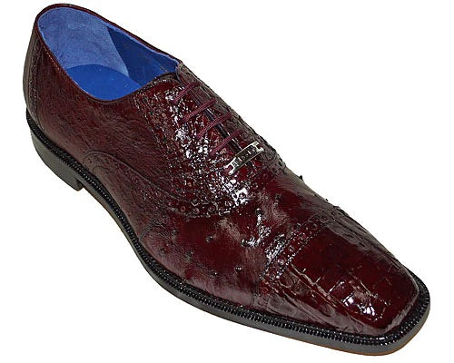 Belvedere Onesto II Genuine Ostrich & Caiman Crocodile Leather Dress Shoes - Burgundy (Size 9 & 15) | Premium Men's Formal Footwear for Business, Weddings & Special Occasions