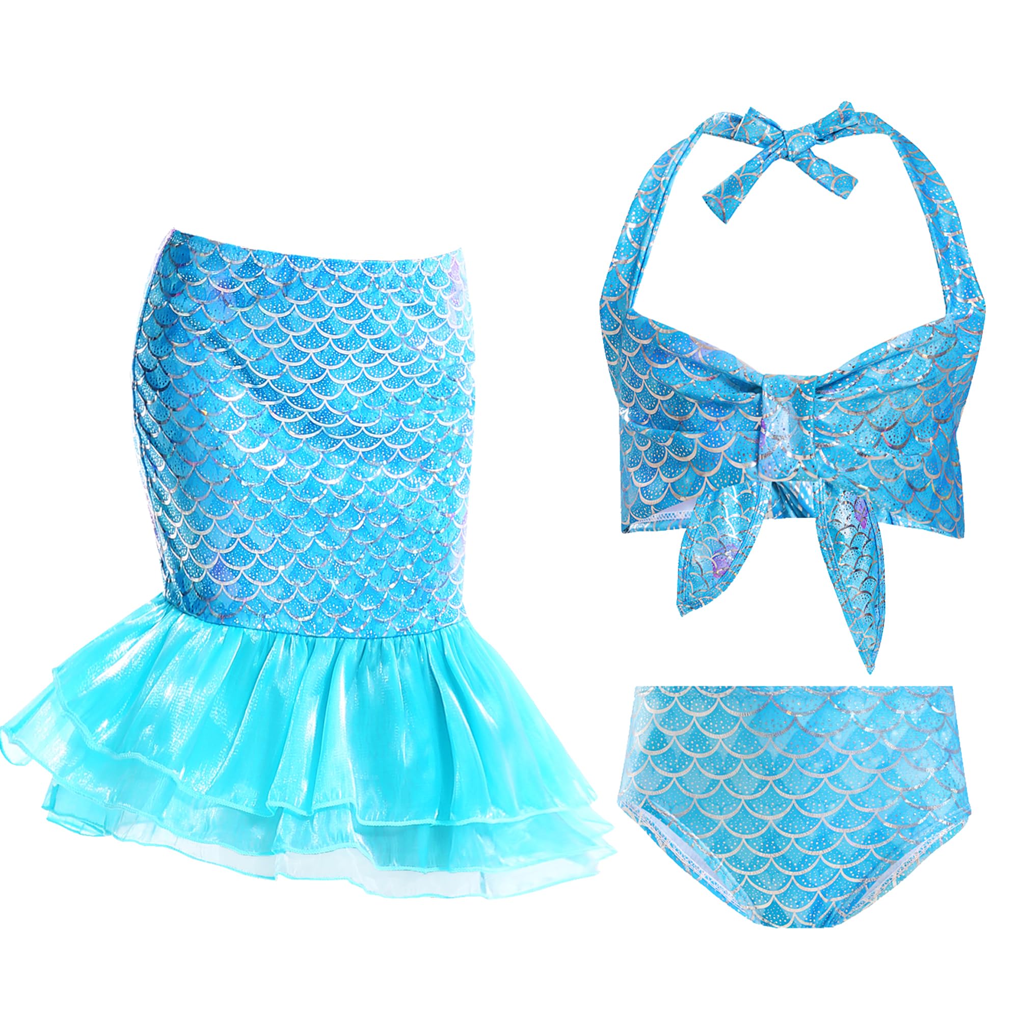DNFUN Girls Mermaid Bikini Set with Swimsuit & Mermaid Tail Skirt - Perfect for Pool Parties, Beach Vacations & Underwater Photography