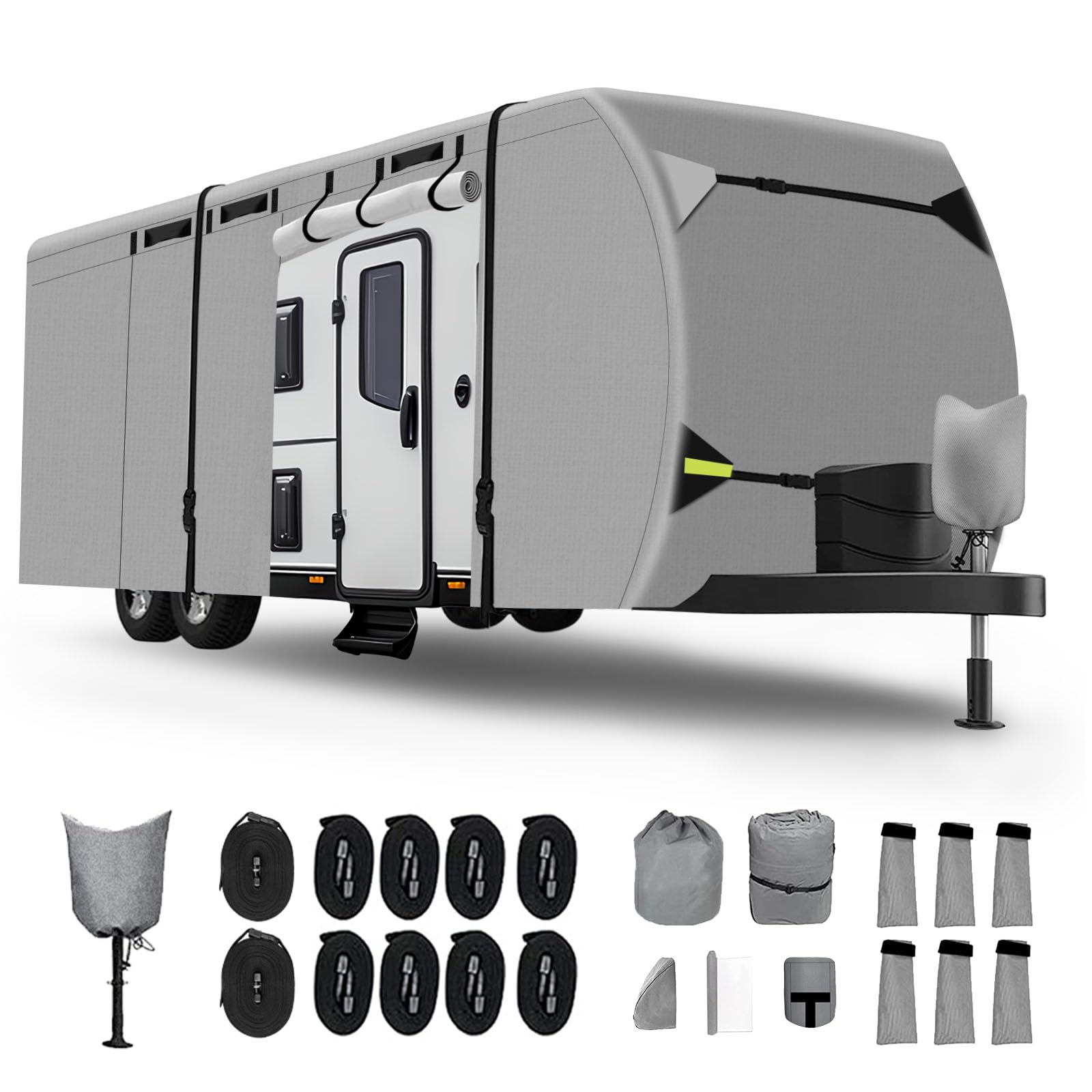 Upgraded 300D Oxford Fabric RV Travel Trailer Cover (14-16 FT) - Waterproof Camper Cover with Tongue Jack Cover & Windproof Ropes | Heavy-Duty Protection for Outdoor Storage & Winter Use