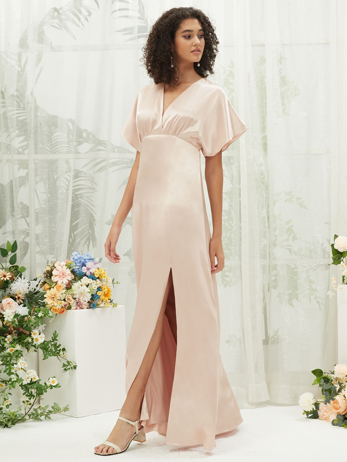 Elegant Champagne V-Neck Short Sleeve Satin Maxi Bridesmaid Dress with High Slit - Perfect for Weddings, Formal Events & Evening Parties