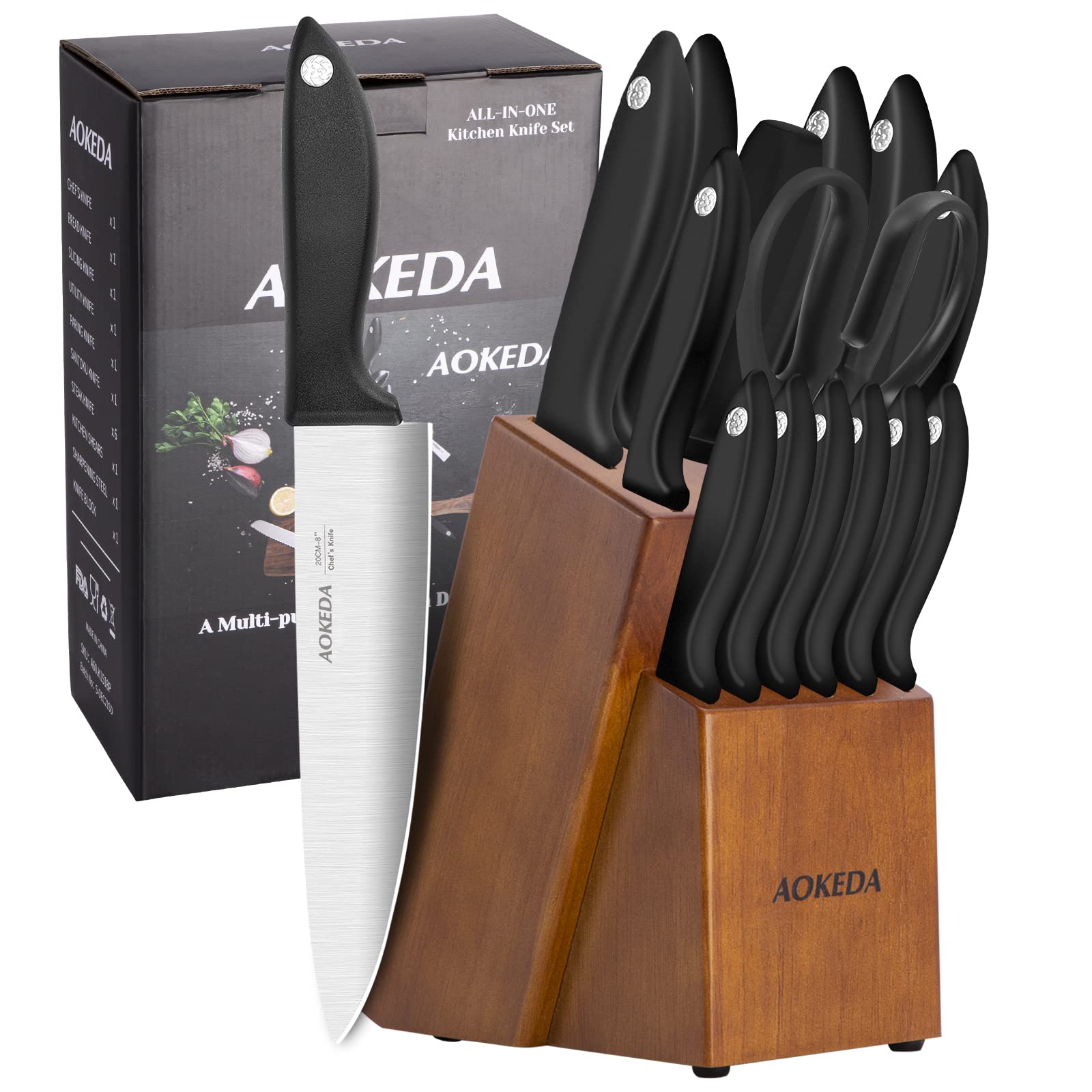 15 Pcs High Carbon Stainless Steel Kitchen Knife Set with Block & Sharpener, Includes 6 Steak Knives - Perfect for Home Cooking, Professional Chefs, and Everyday Meal Prep